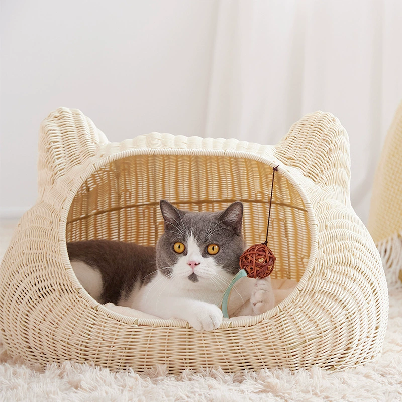 Beige Cat Ear Shaped Wicker Bed Handwoven Rattan Nest with Free Cushion for Small Dogs Cats - MAISONKAIRON