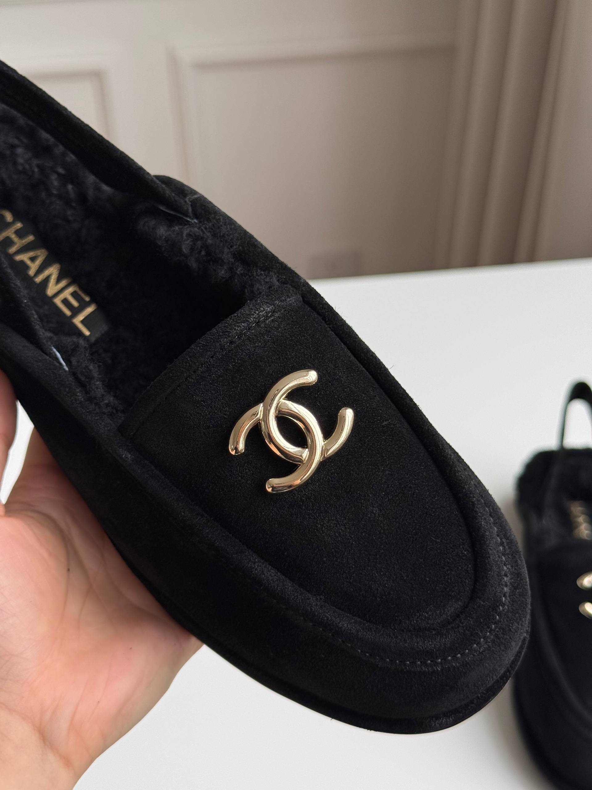 Chanel Suede Shearling Lined Slingback Loafer Mules
