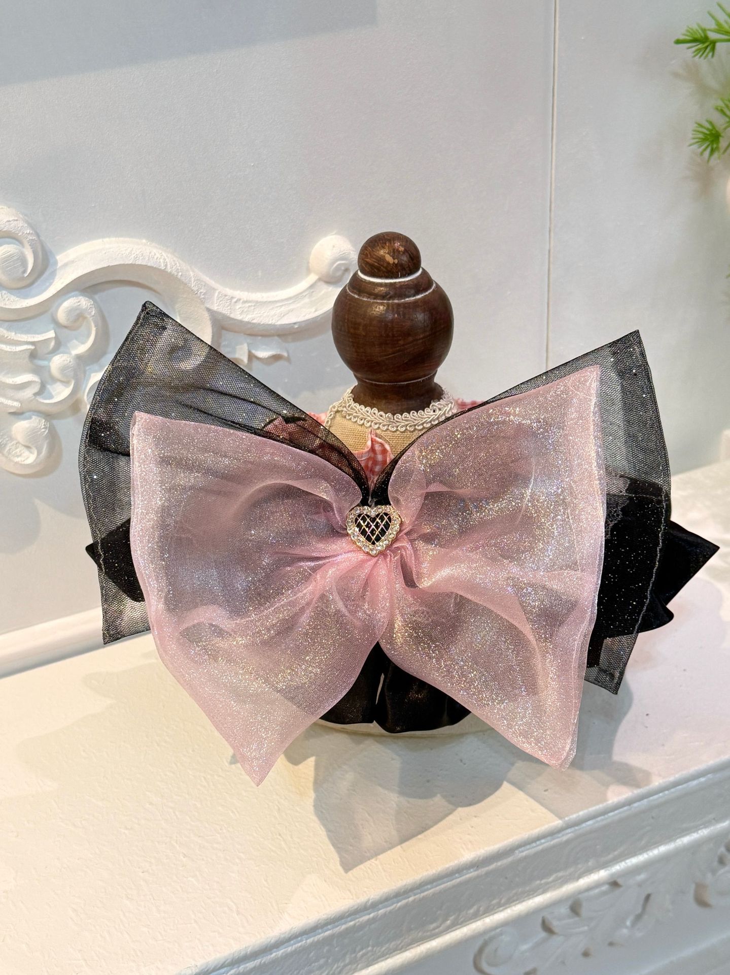 Hand-crafted Pink Black Gingham Pet Bib Barbie Style Lace Ruffle Rhinestone Decor Elastic Neck Scarf - MAISONKAIRON
