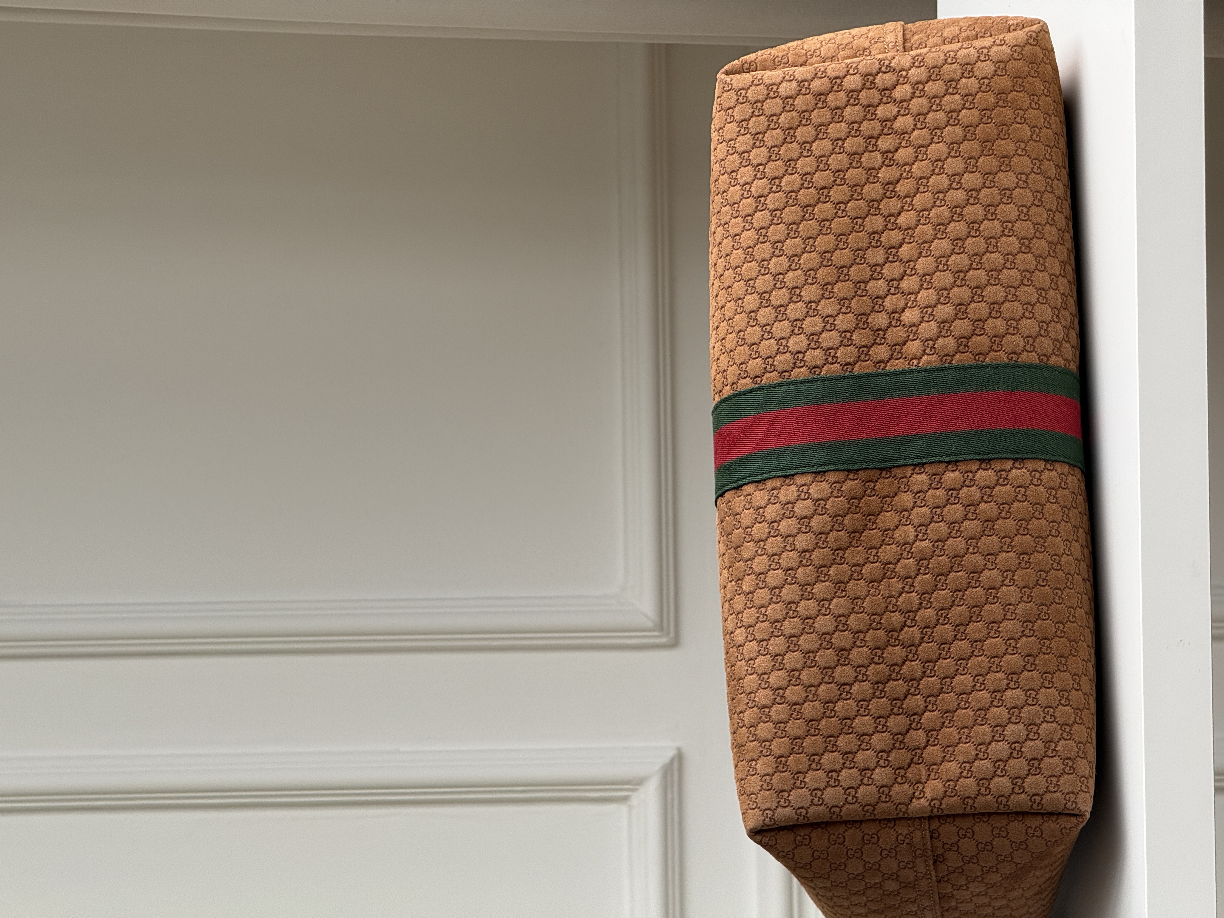 Gucci Caramel GG Monogram Suede Tote Handbag With Web Stripe & Double G Logo