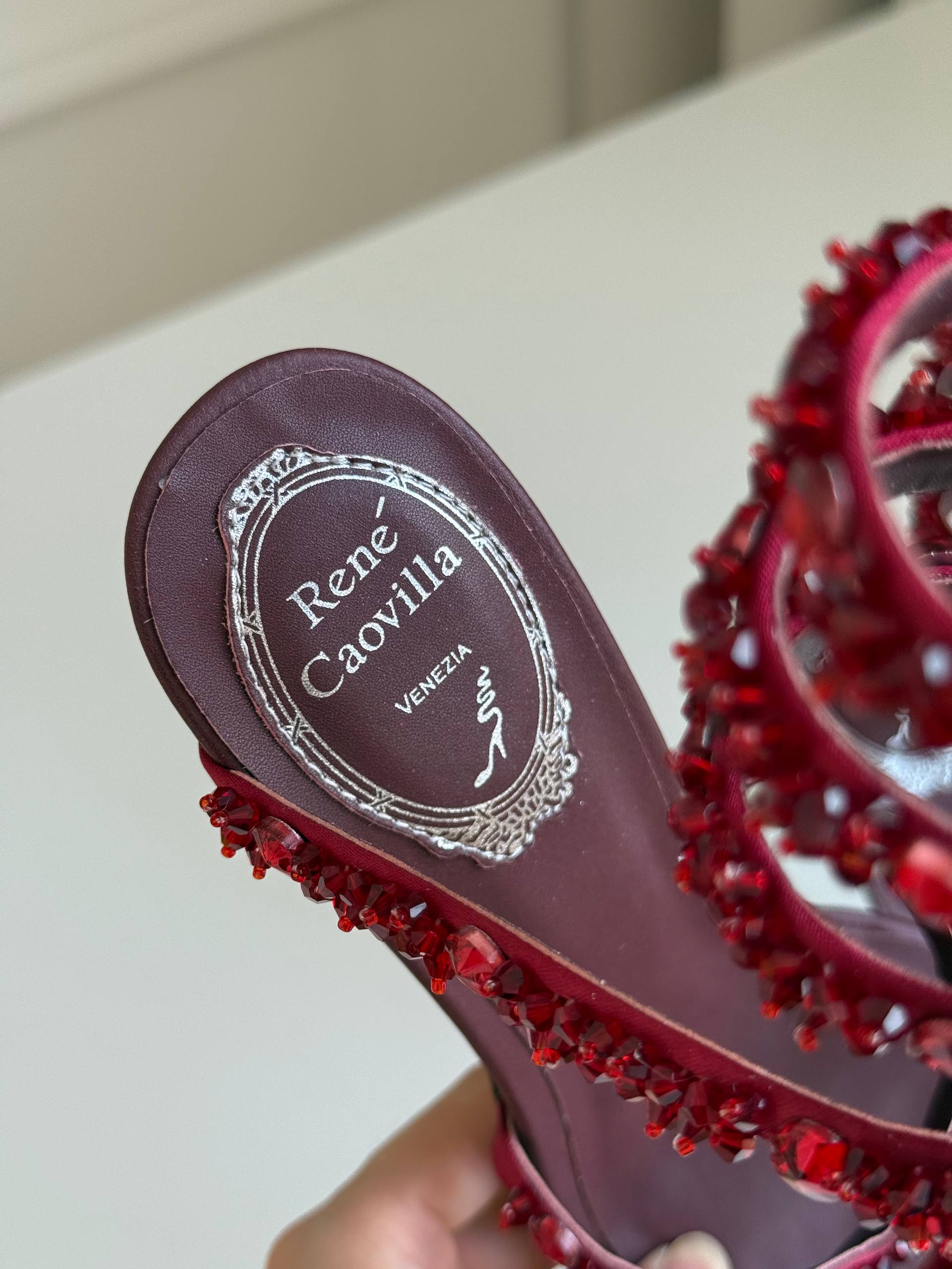 René Caovilla Cleo Burgundy Crystal Coil Strap Sandals