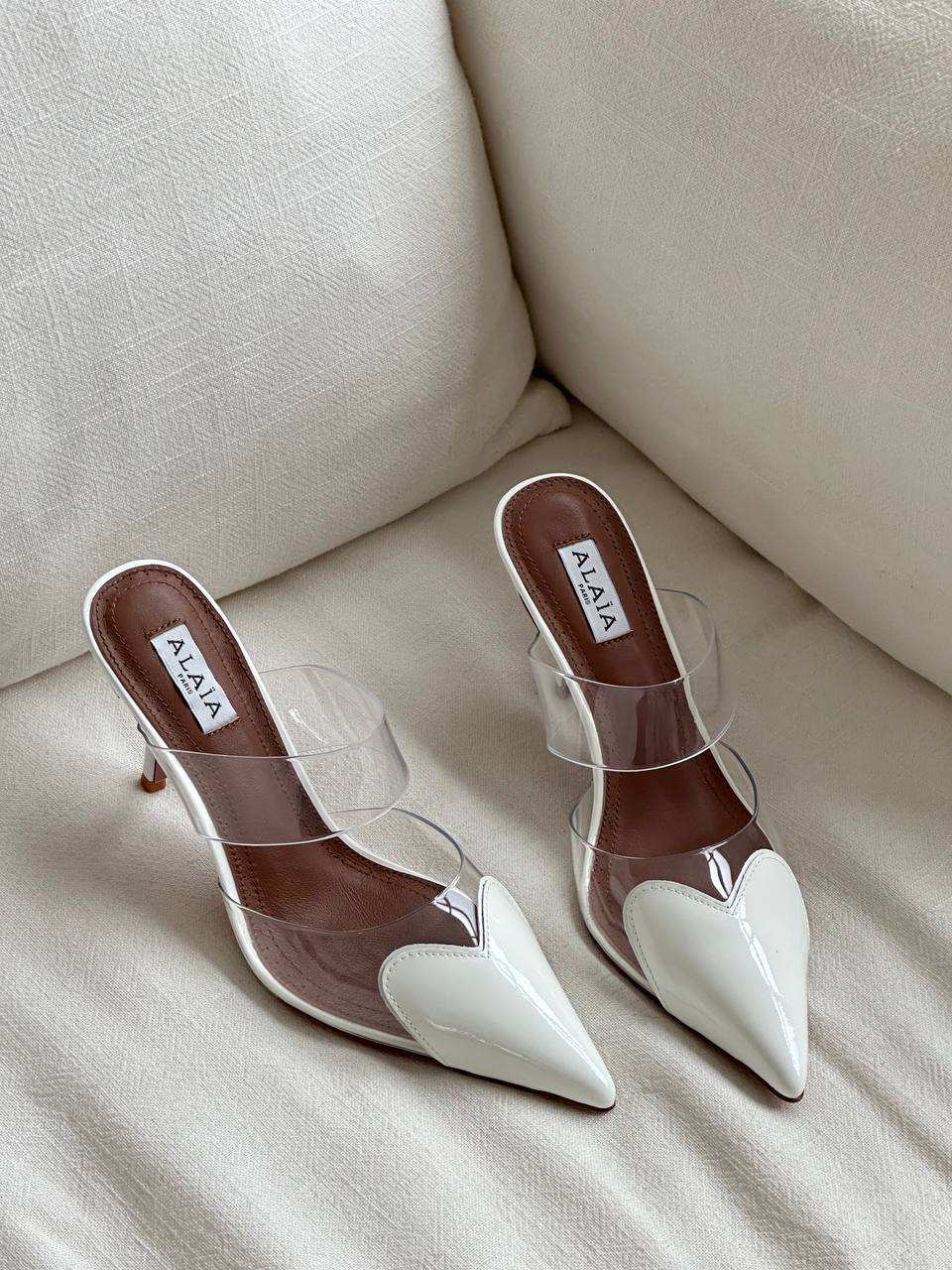Alaïa Off-white Patent Leather Heart Toe Double Clear PVC Strap Stiletto Mule Sandals