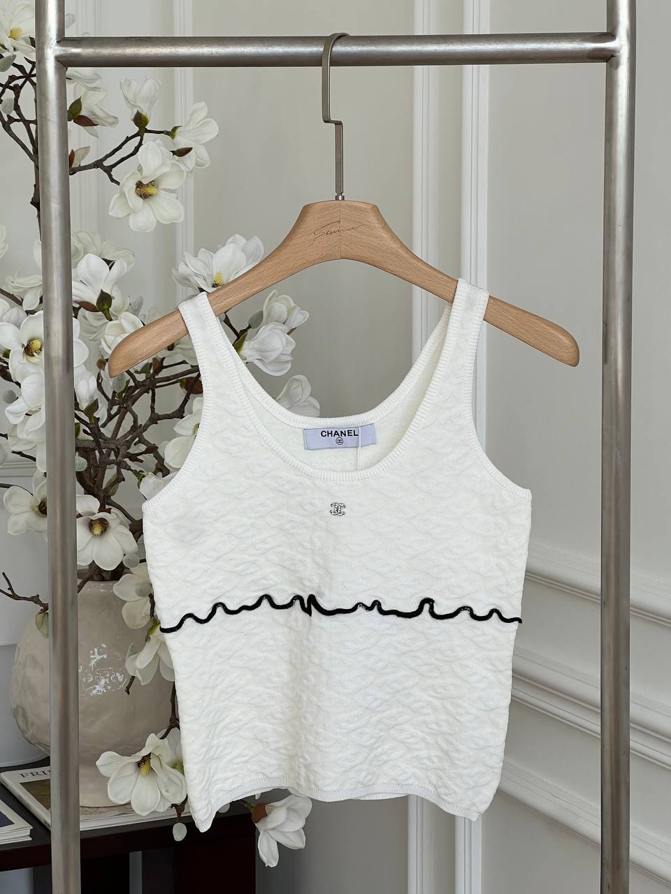 Chanel White Textured Jacquard Knit Tank Top With Crystal CC Logo