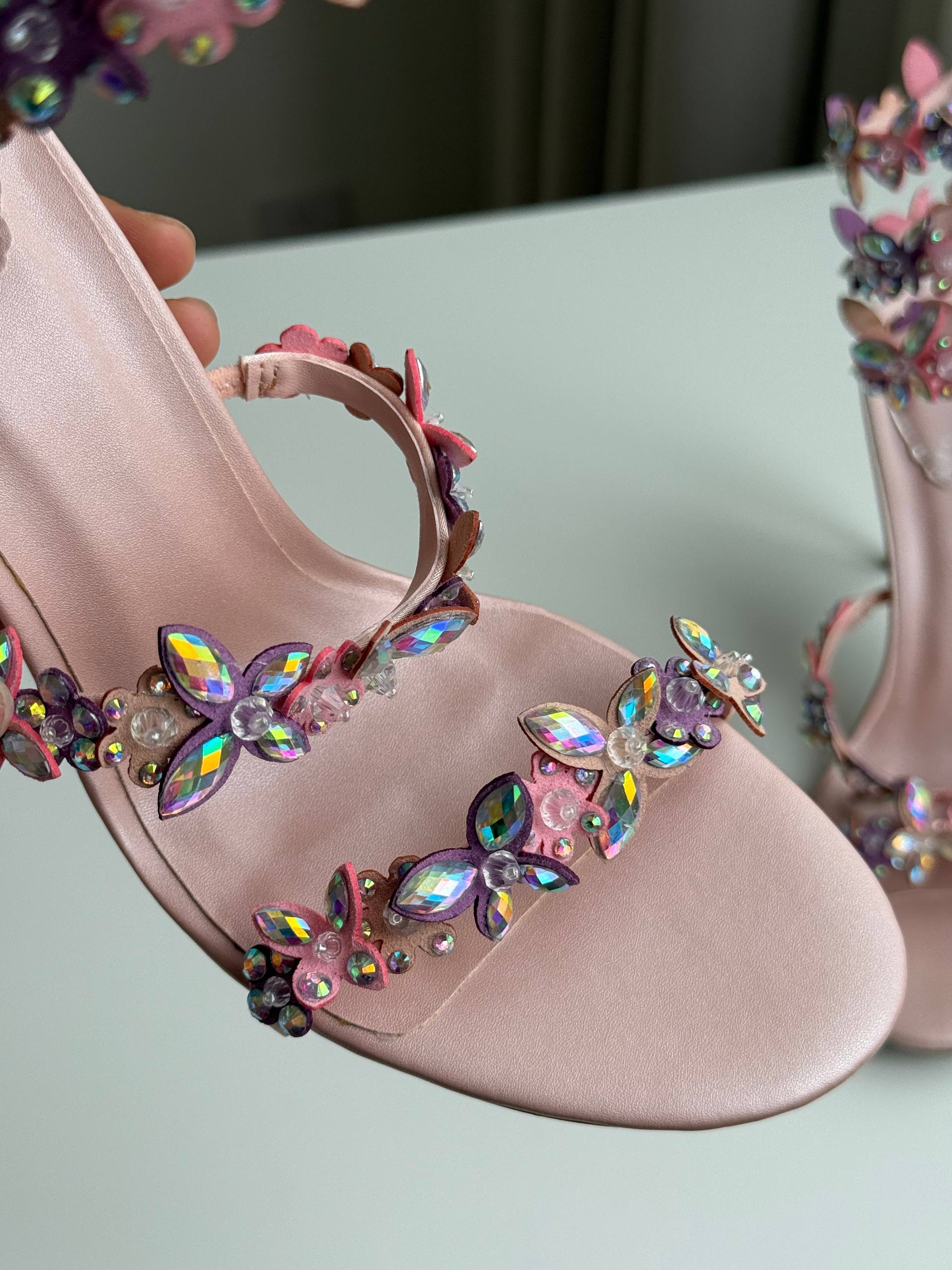 Rene Caovilla Iridescent Crystal Butterfly Wrap-Around Ankle Strap High Heel Sandals