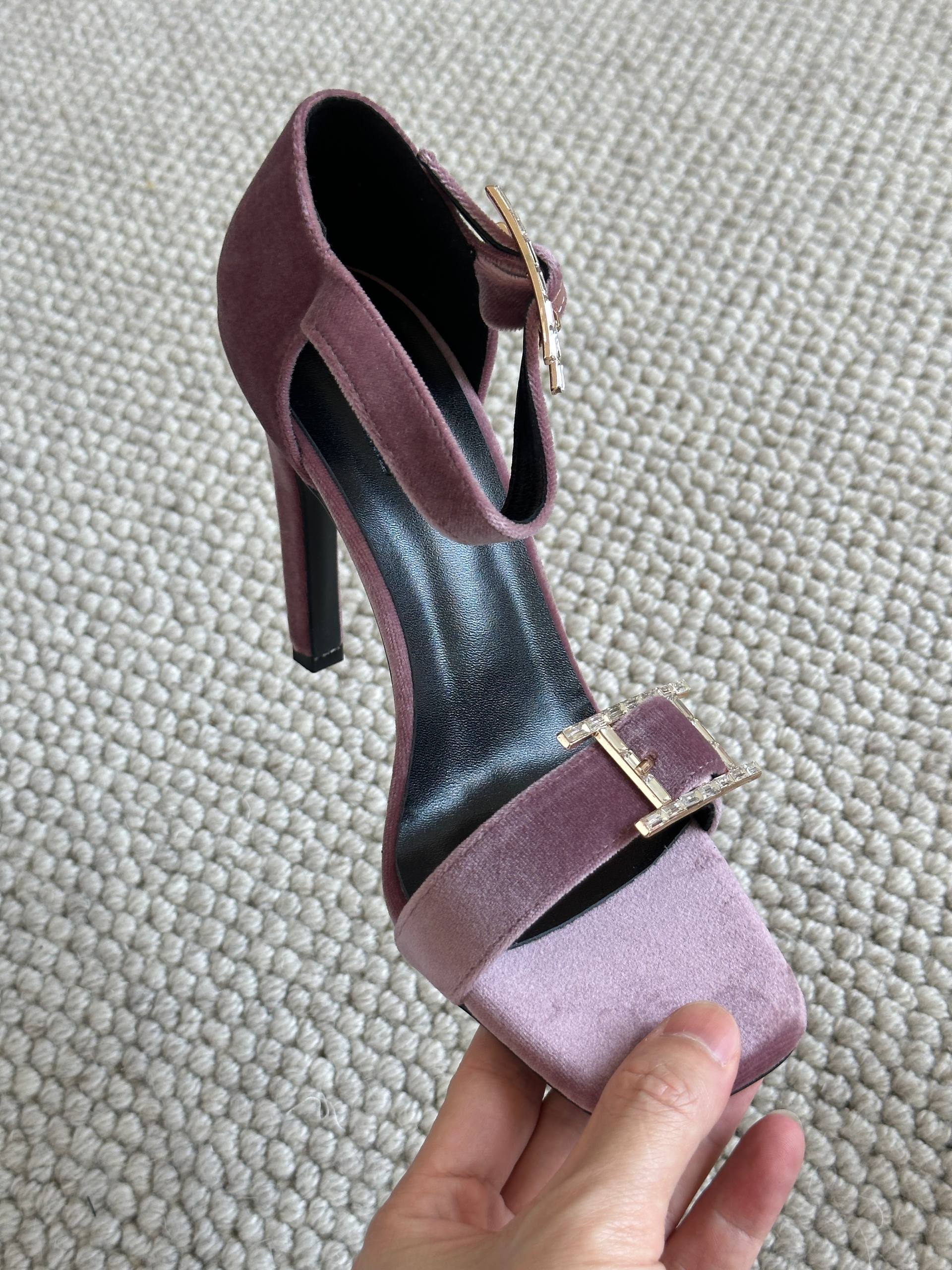 Hermès Dusty Pink Velvet Crystal H Buckle Block Heel Sandals