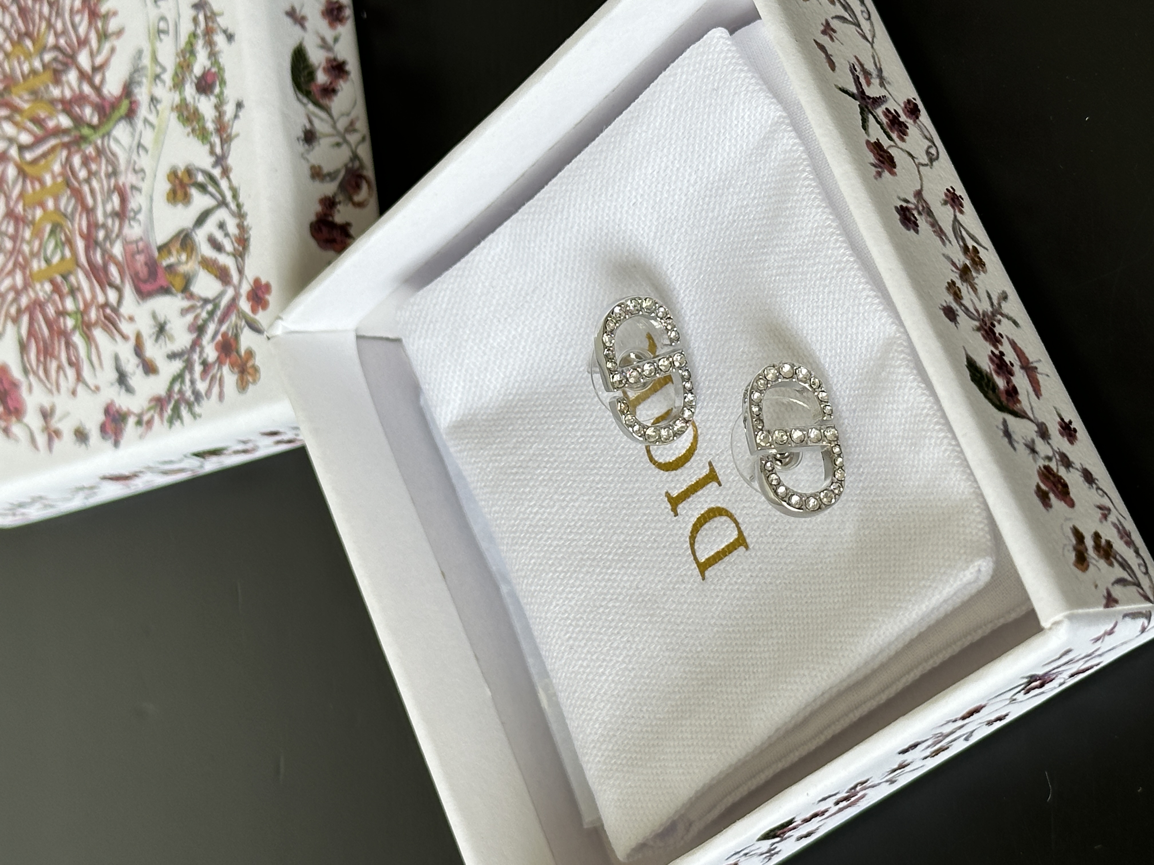 Dior Silver Full Crystal Paved CD Logo Stud Earrings