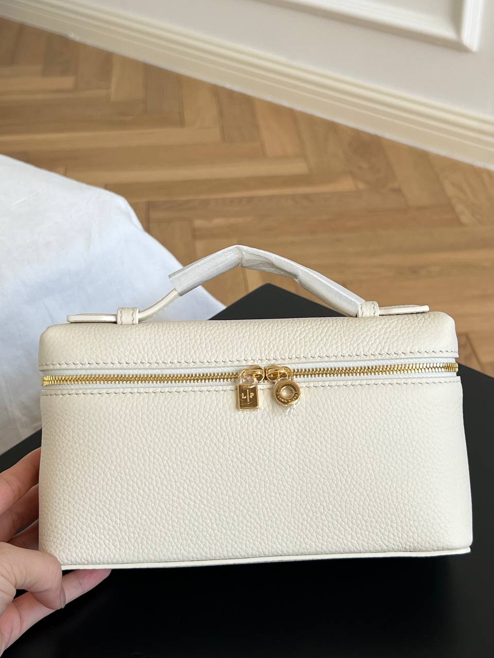 Loro Piana Off-white Grained Leather LP Lock Vanity Top-handle Bag
