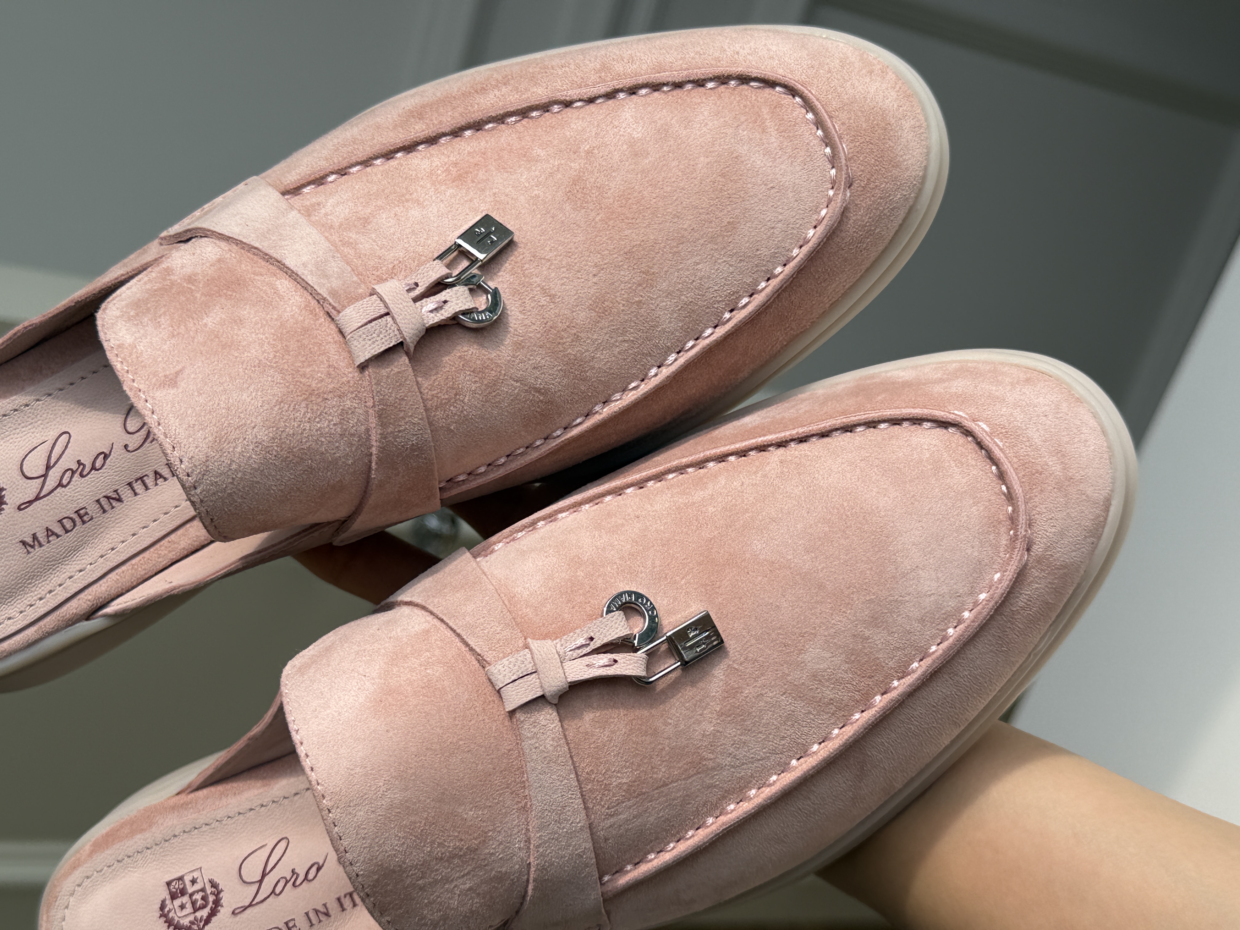 Dusty Pink Suede Metal Lock Charm Flat Backless Loafer Mules