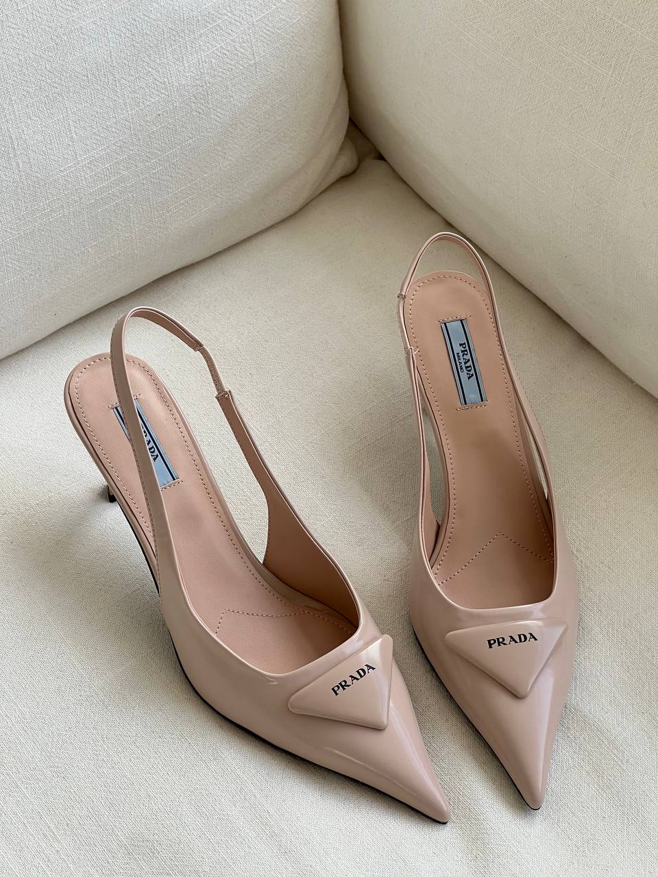 Prada Nude Patent Leather Pointed Toe Slingback Stiletto Heels