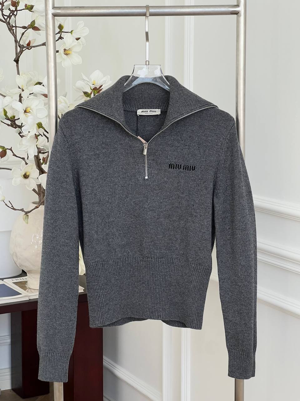 Miu Miu Dark Grey Half-Zip Collared Embroidered Cropped Wool Knit Sweater