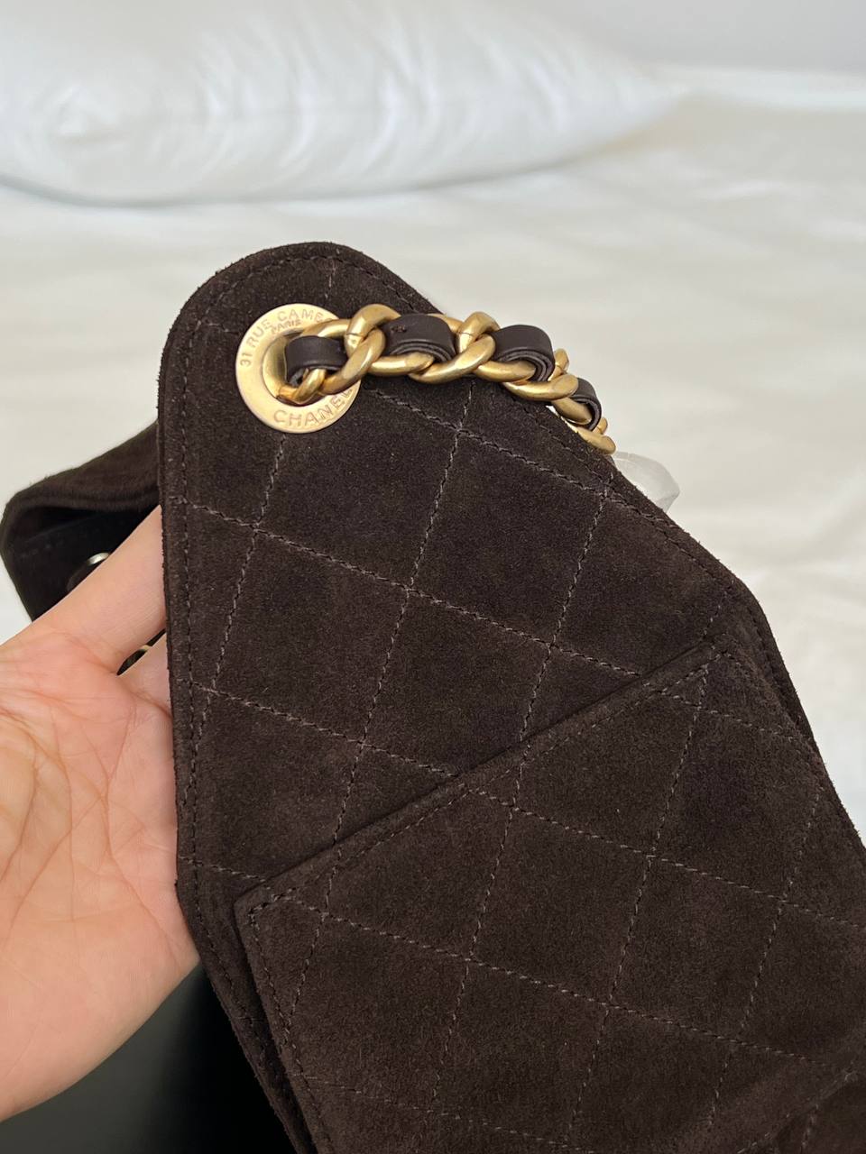 Chanel Dark Brown Suede Diamond-quilted CC Drawstring Tote Chain Bag