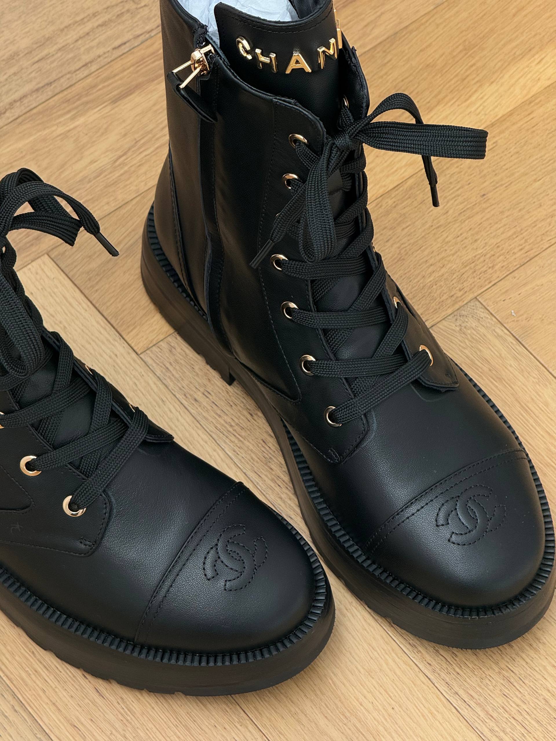 Chanel Calfskin Logo Combat Lace-Up Boots