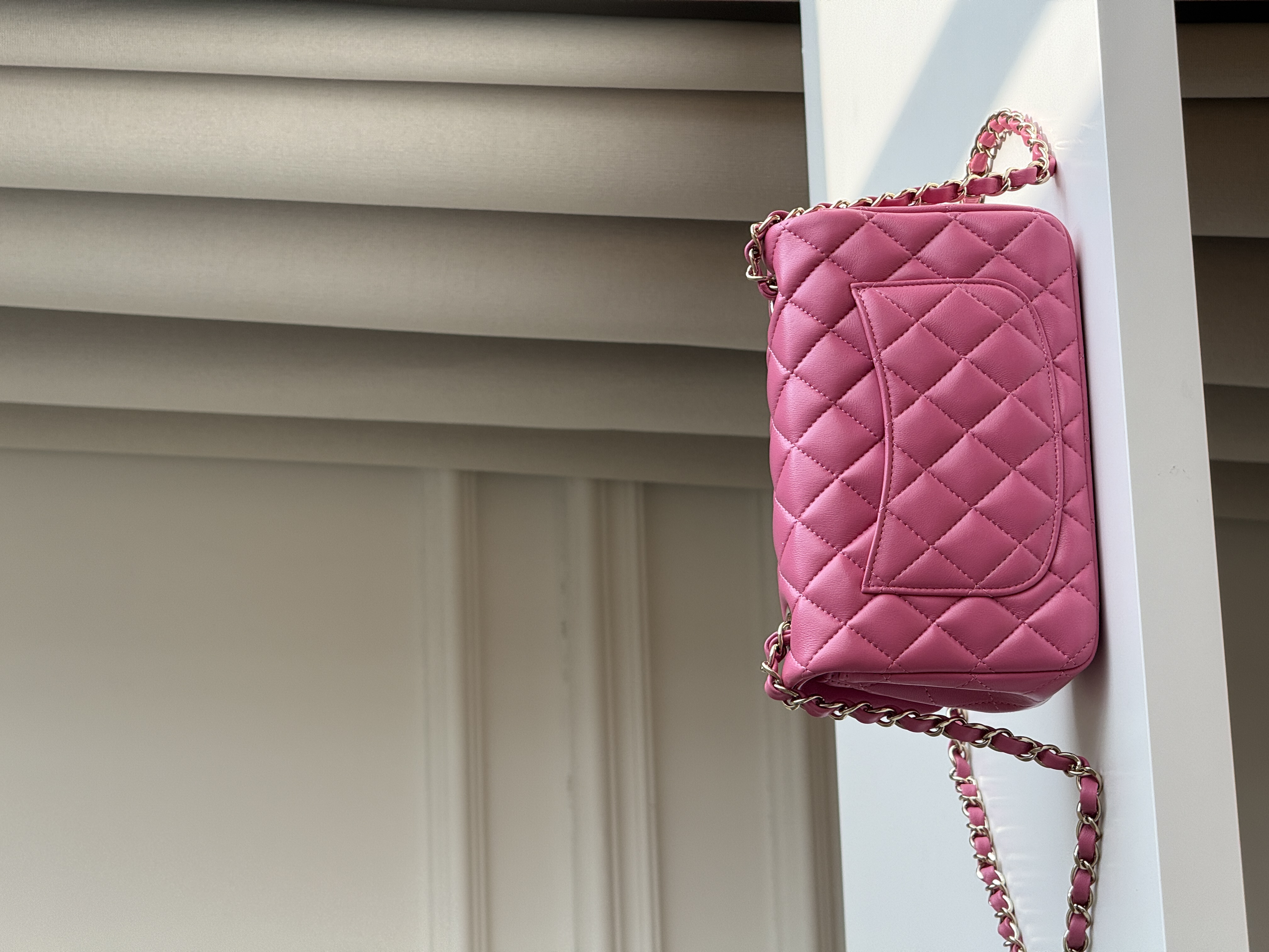 Chanel Hot Pink Lambskin Mini Classic Flap Gold CC Chain Bag