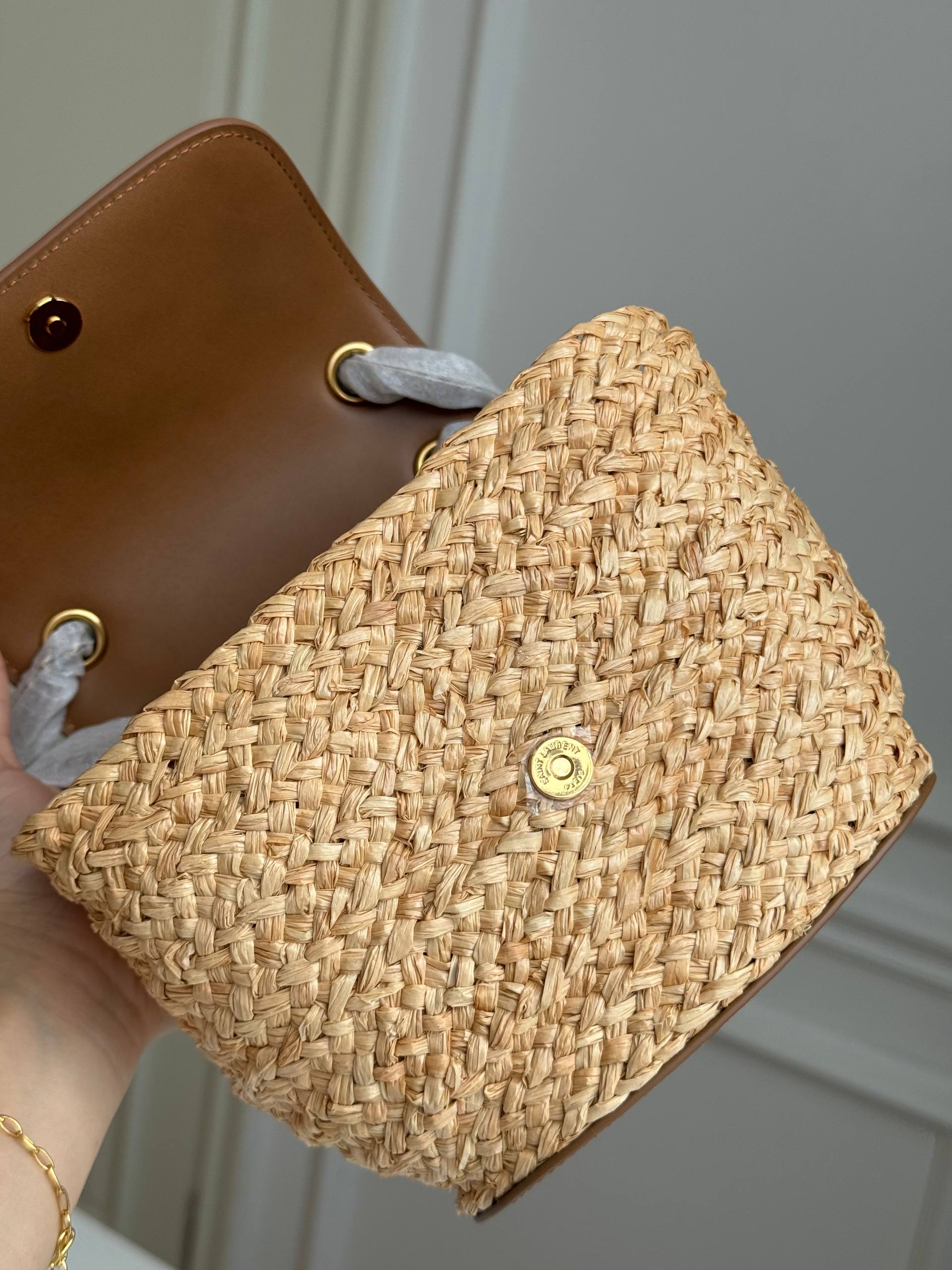 Saint Laurent (YSL) Cassandre Raffia & Leather Mini Bucket Bag