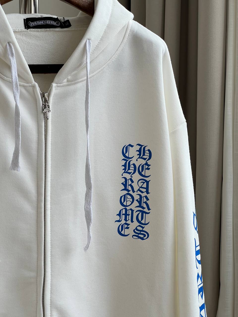 Chrome Hearts White Zip-Up Hooded Jacket With Blue Gothic Vertical Letter Print