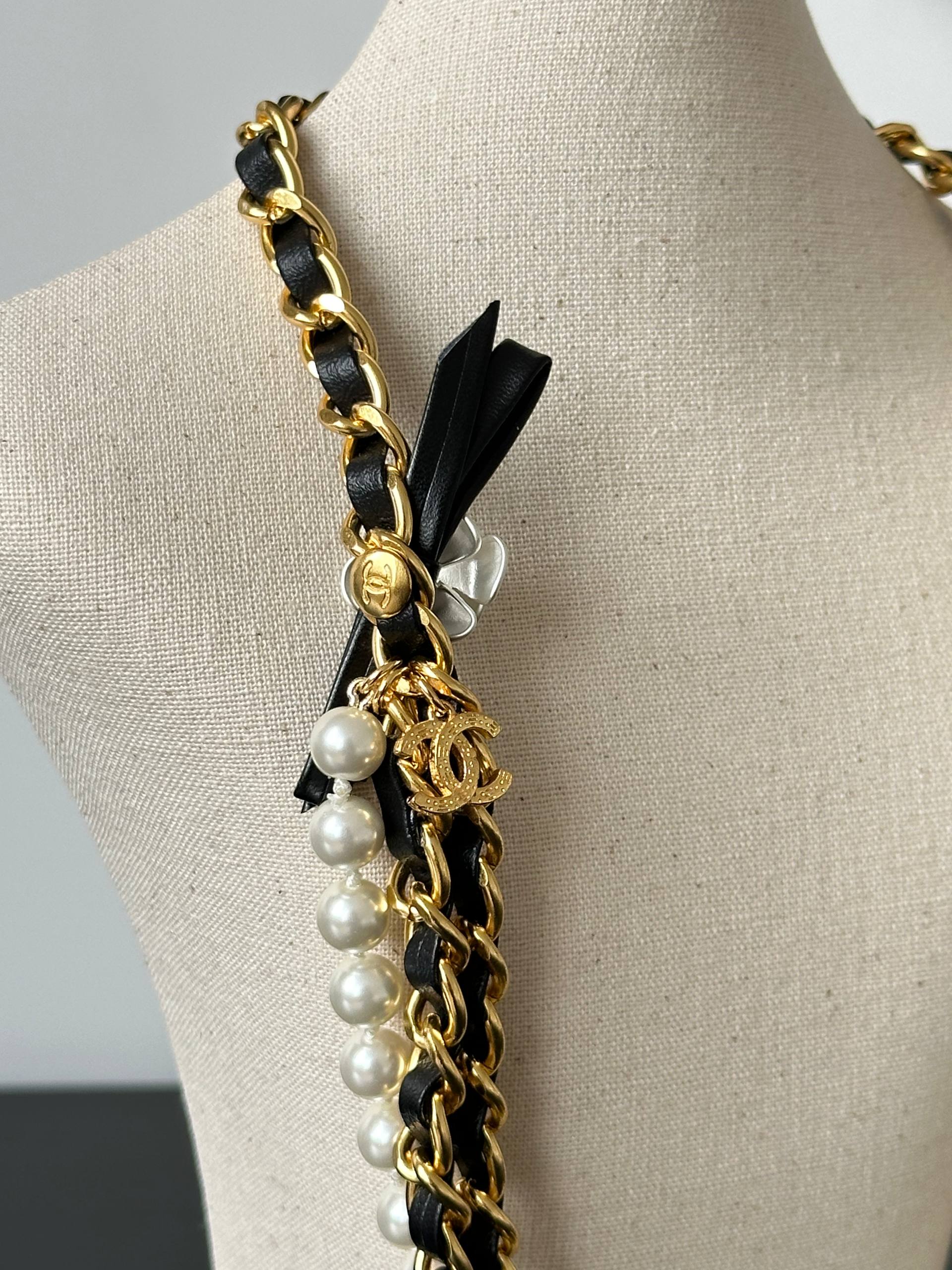 Chanel Camellia Bow Leather-Woven Chain Pearl Multi-layer Waist Chain & Long Necklace Dual-purpose