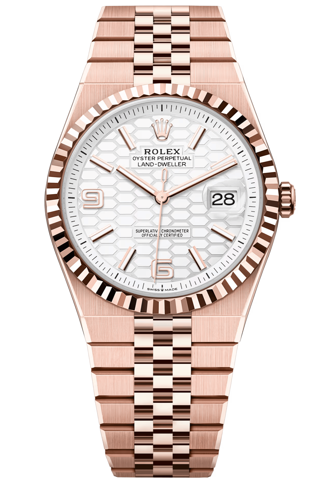 Rolex Land-Dweller 40mm Everose Gold Fluted Bezel White Honeycomb-Motif Dial Flat Jubilee - 127335 - New 2025【1:1 Replica】