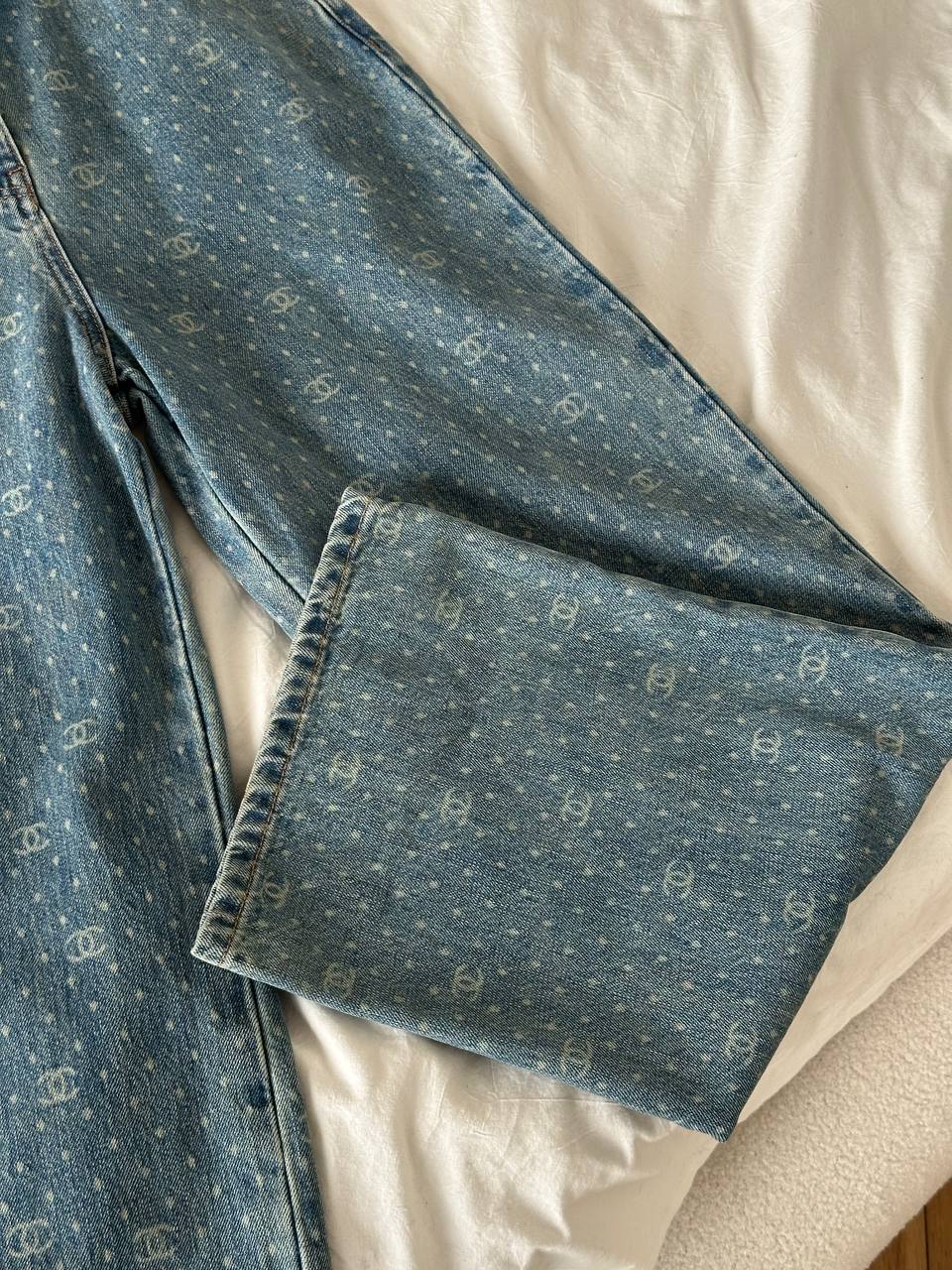 Chanel Light Wash Blue All Over Interlocking CC Polka Dot High Waist Wide Leg Jeans