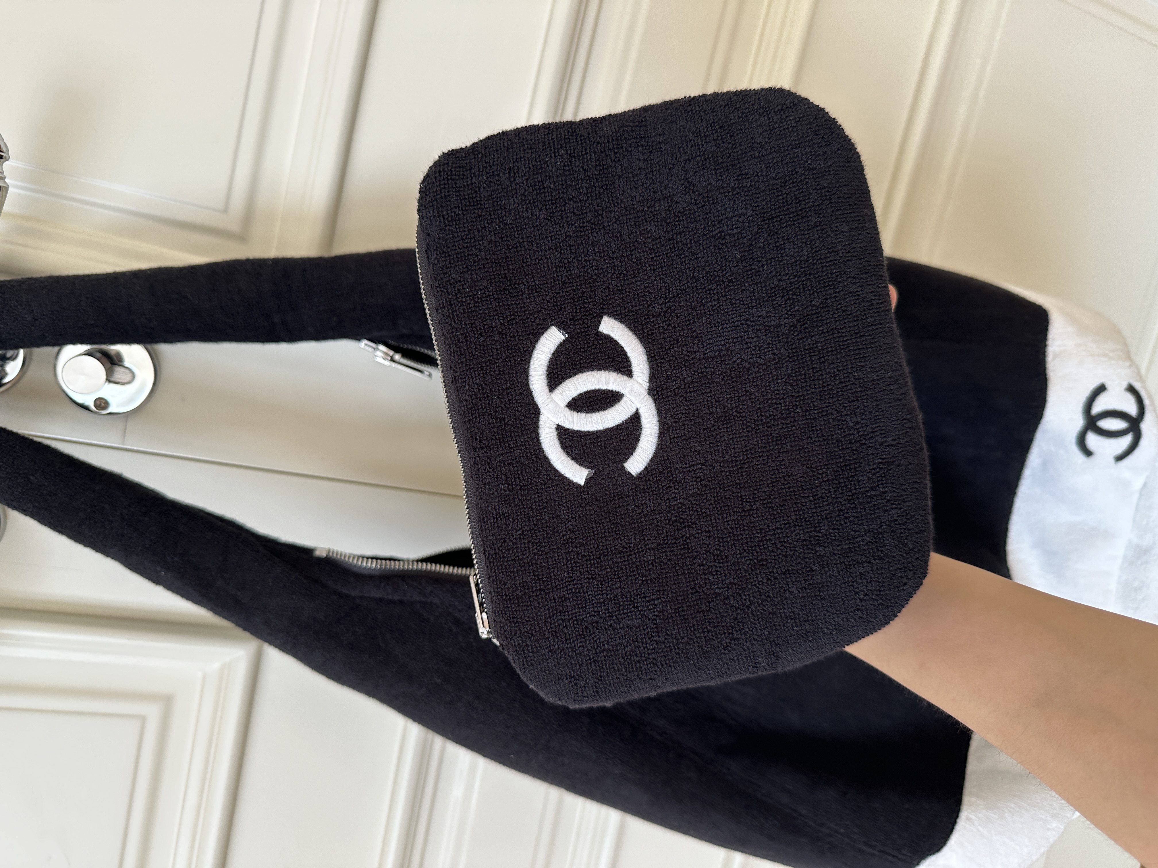 Chanel Black and White Terry Cloth Beach Bag