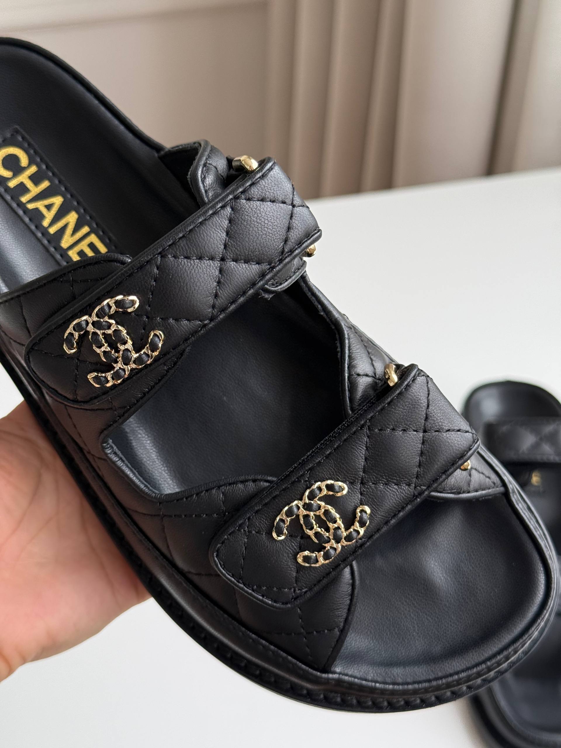 Chanel Quilted Velcro CC Logo Platform Slide Sandals