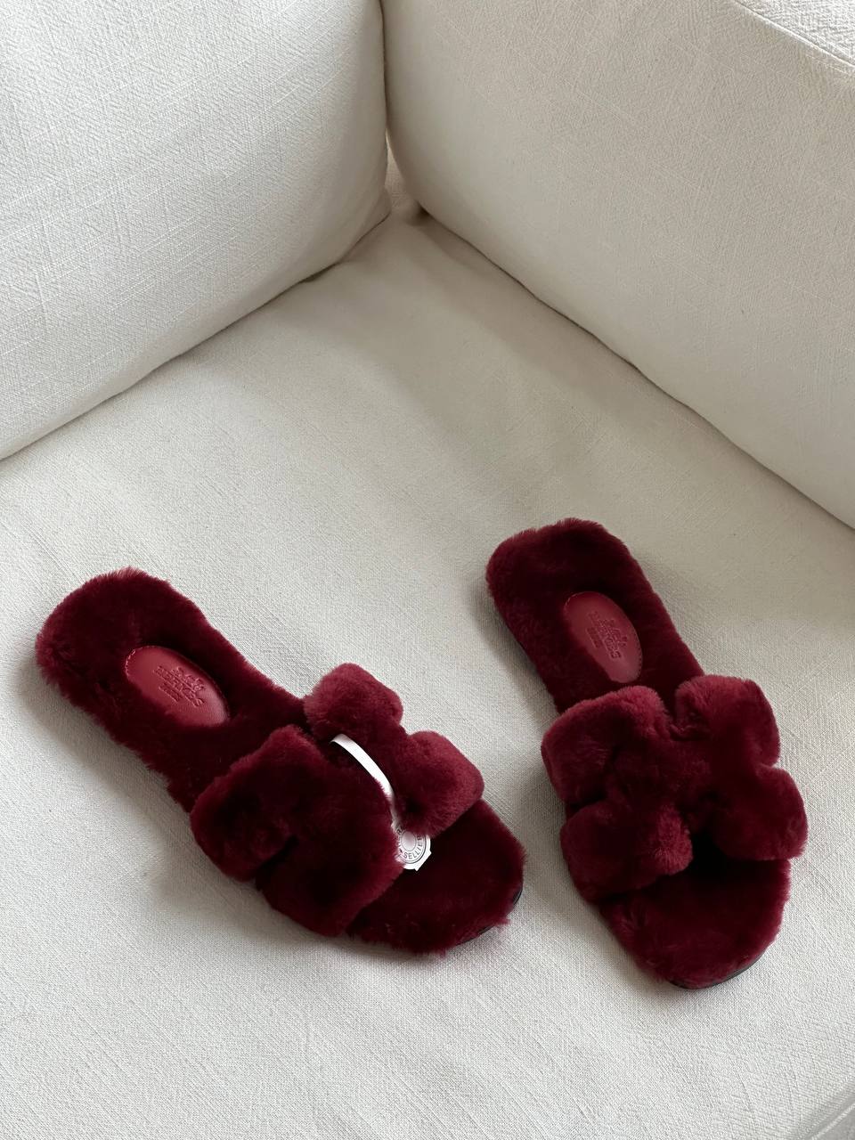 Hermès Burgundy Shearling Oran Slide Sandals