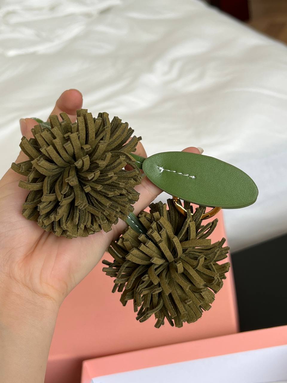 Miu Miu Olive Green Leather Double Pom-pom Bag Charm