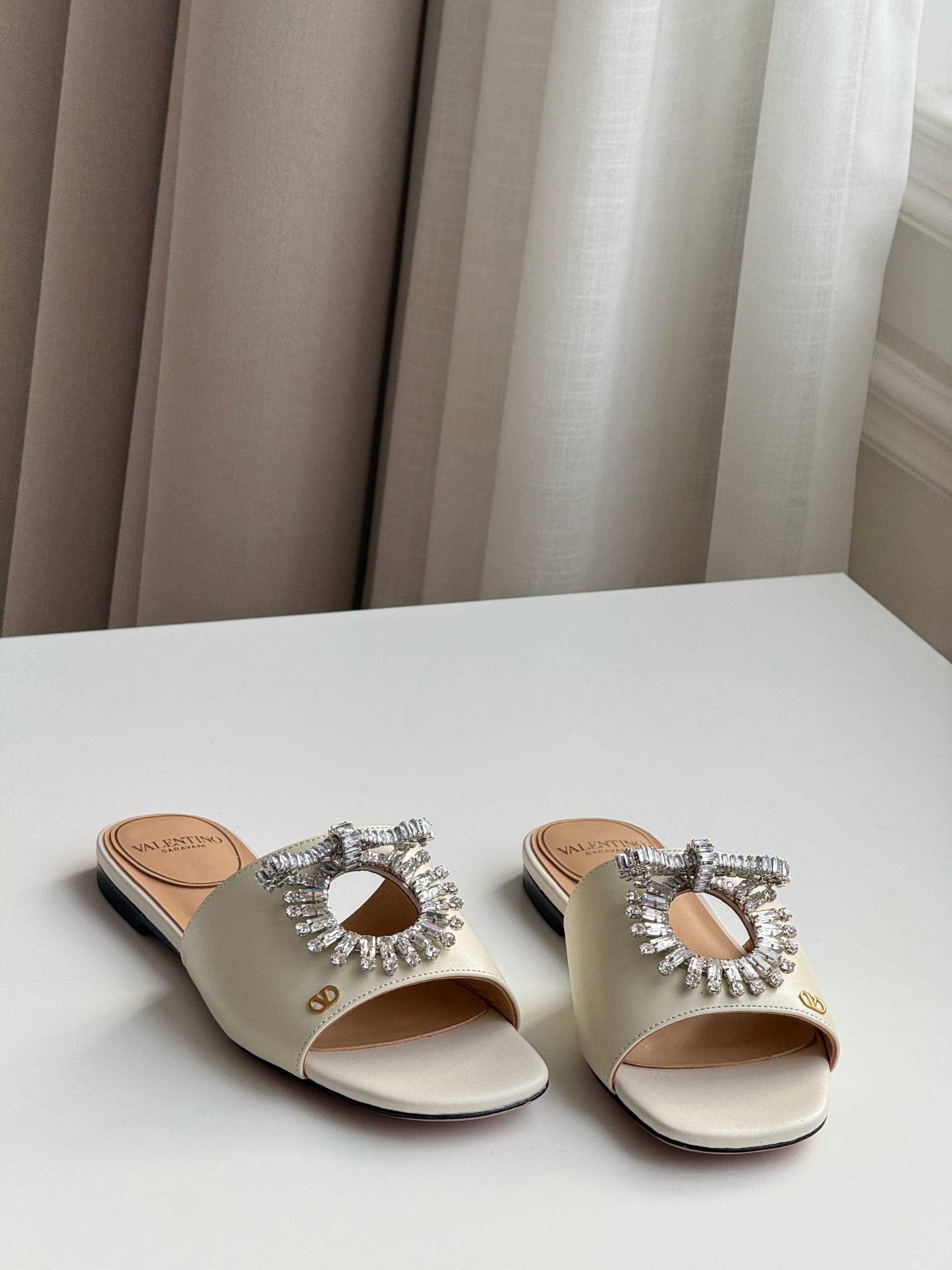 Valentino Crystal Sun Bow Flat Slide Sandals