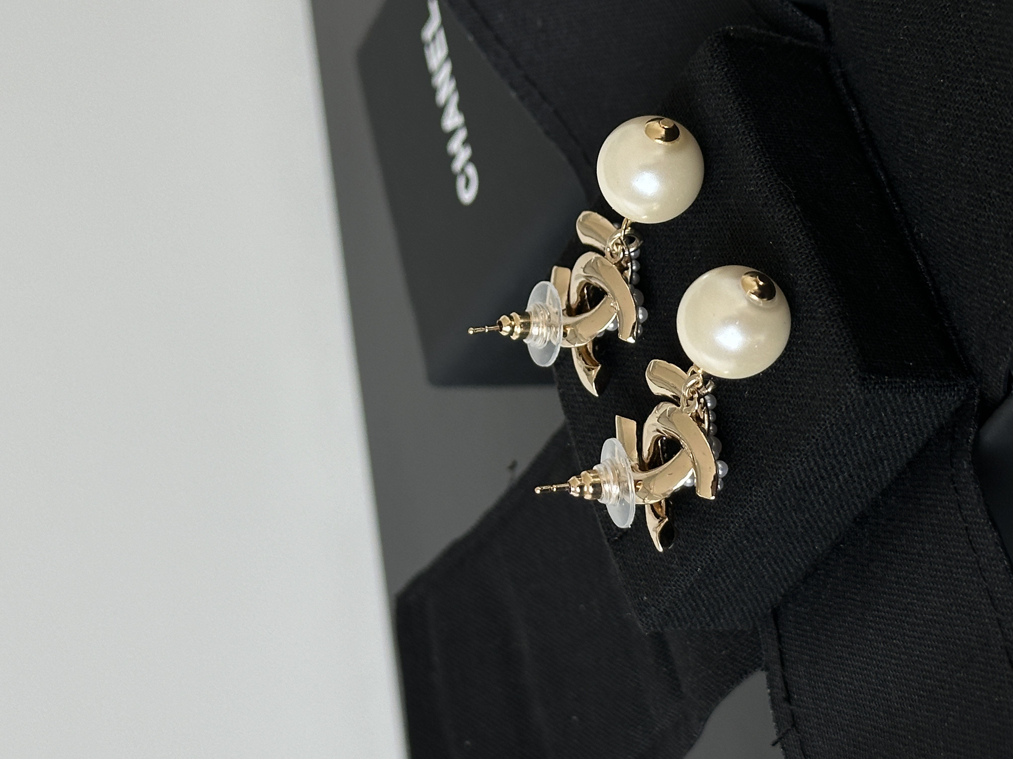 Chanel Interlocking CC Stud Earrings With Pearl Inlay & Dangling Large Pearl Drop