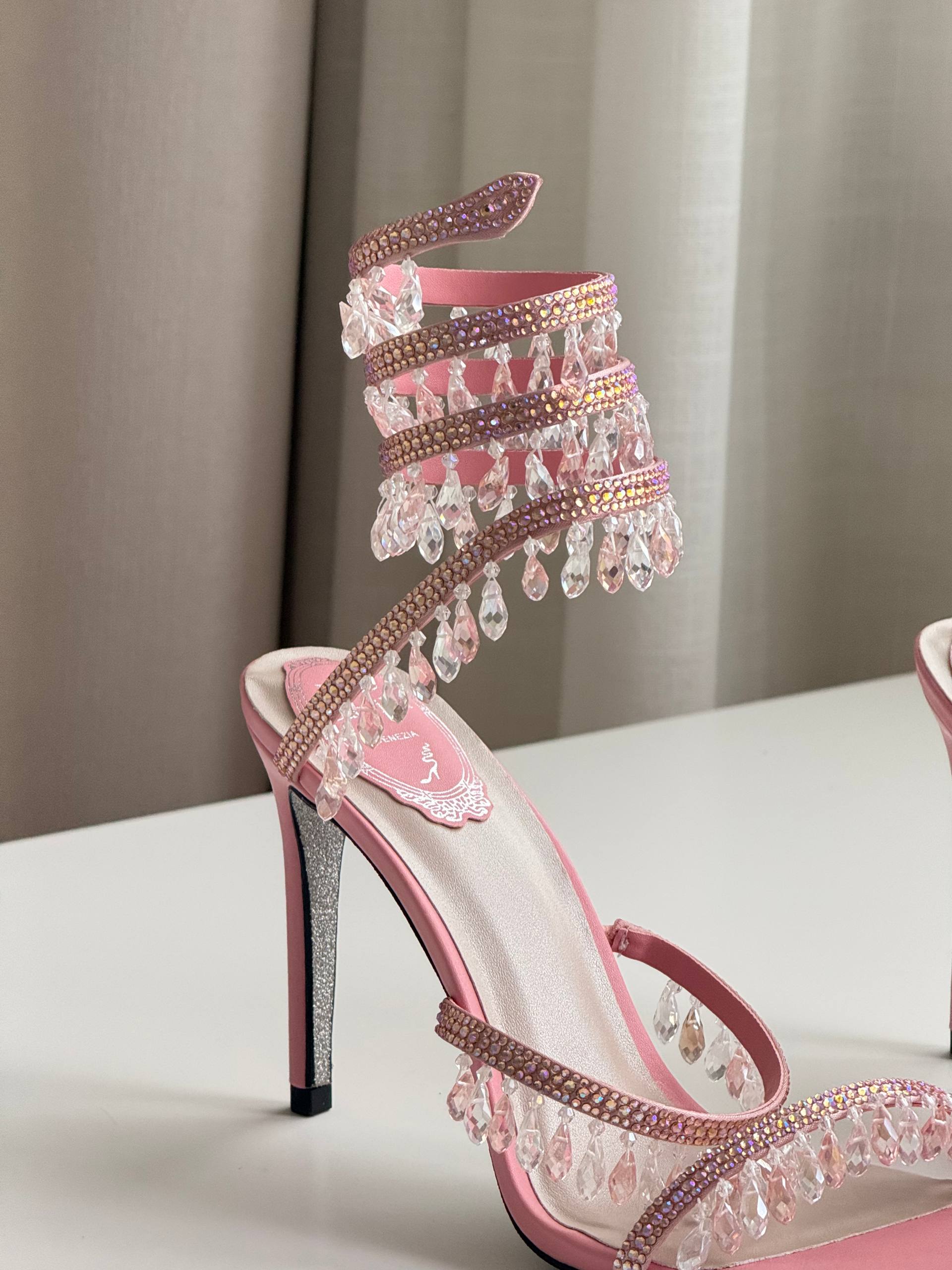 Pink Crystal Tassel Ankle Wrap Open Toe Stiletto Sandals