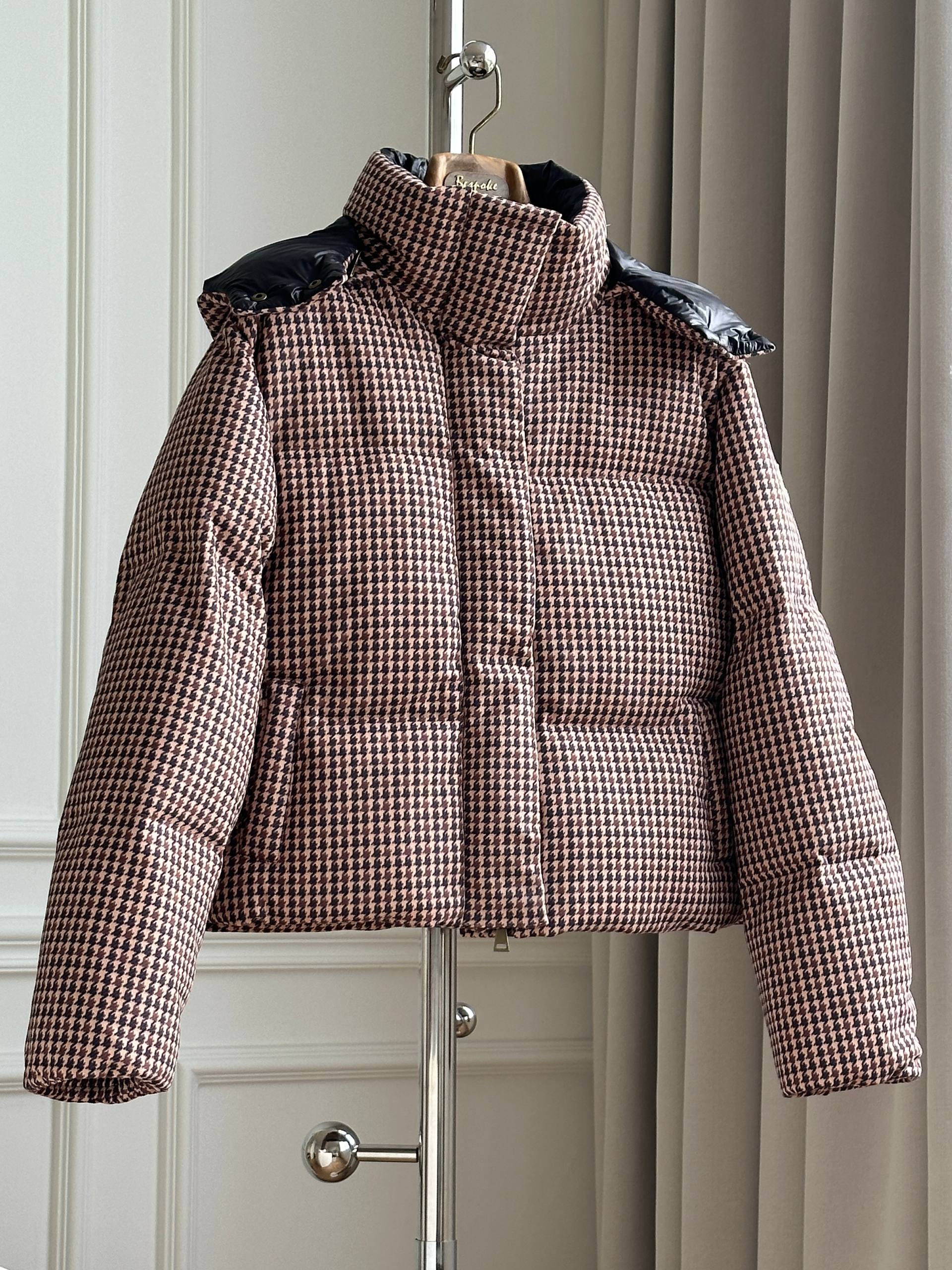 Vintage Pink Brown Houndstooth Detachable Hood Stand Collar Cropped Down Jacket