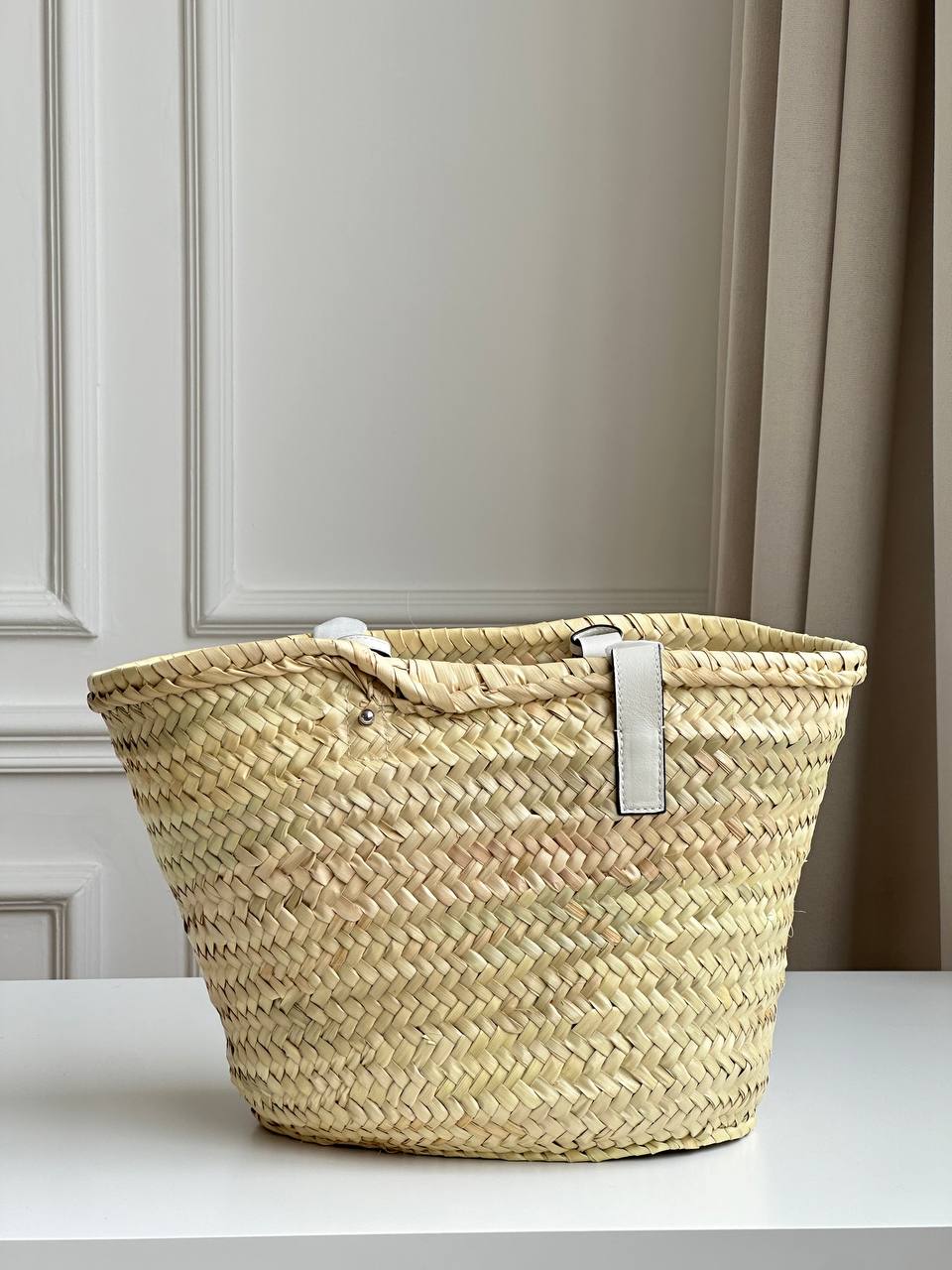 LOEWE Natural Palm Leaf & Off-White Leather Anagram Embossed Basket Tote Bag