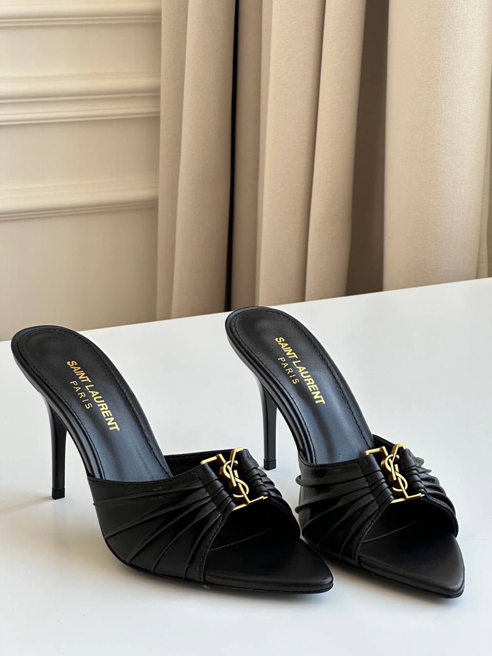 Saint Laurent Black Lambskin Ruched Front Gold YSL Logo Pointed Toe Stiletto Mule Slides