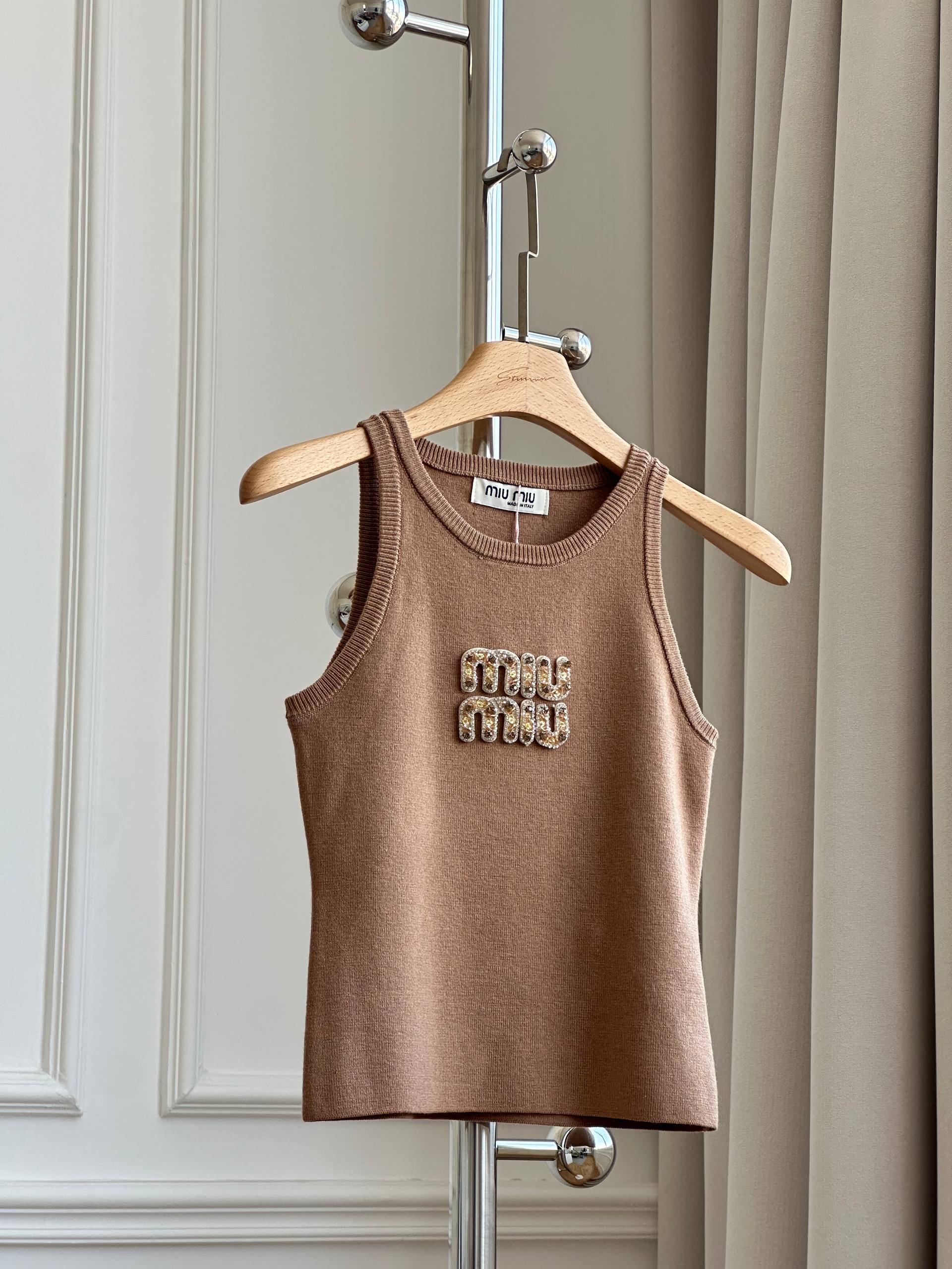 Miu Miu Camel Knit Vest with Crystals