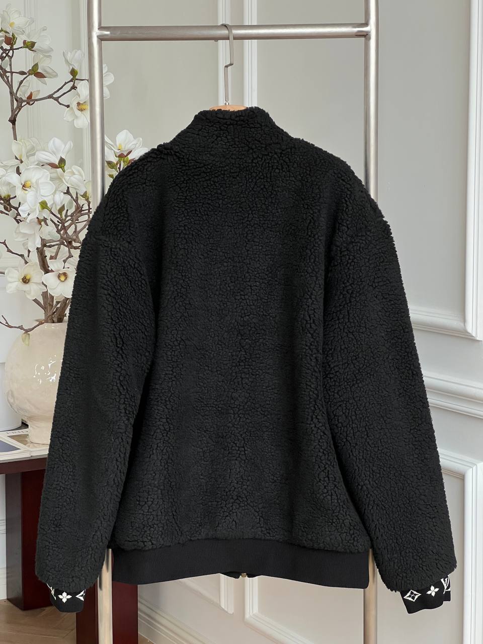 Louis Vuitton Black Stand Collar Teddy Fleece Zip-Up Loose Jacket With Leather Label & Gold Zipper