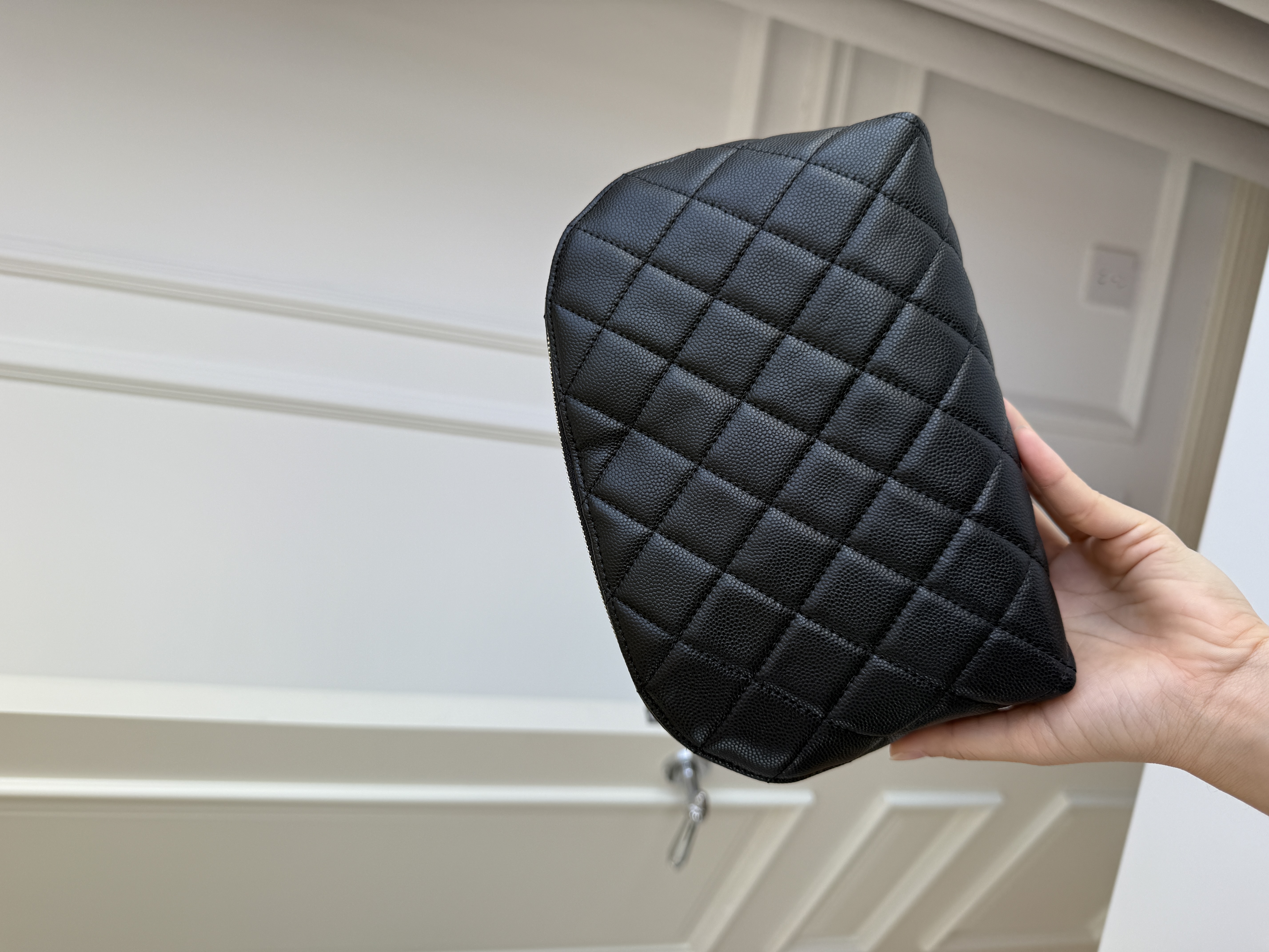 CHANEL Classic Quilted Caviar Leather Shell Cosmetic Pouch
