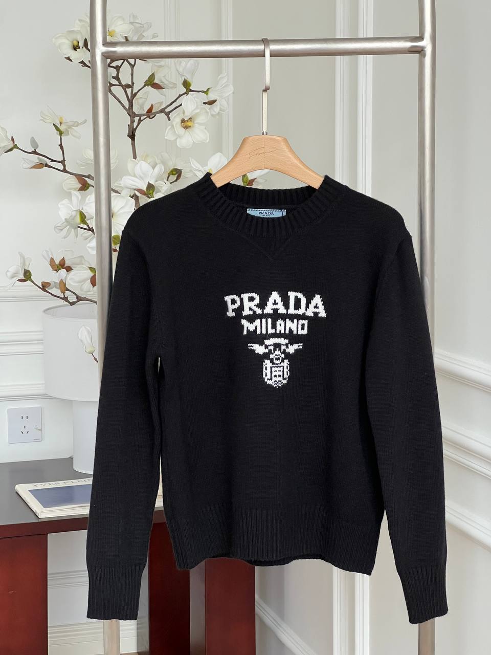 Prada Black Crew Neck Knit Sweater With Chest Brand Jacquard Logo