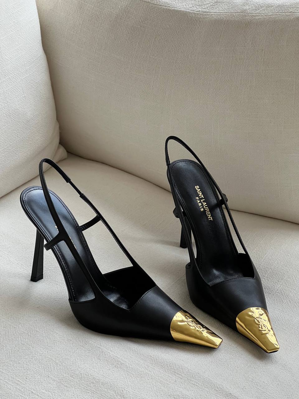 Yves Saint Laurent Black Calfskin Gold-tip Pointed-Toe Slingback Stiletto Heels