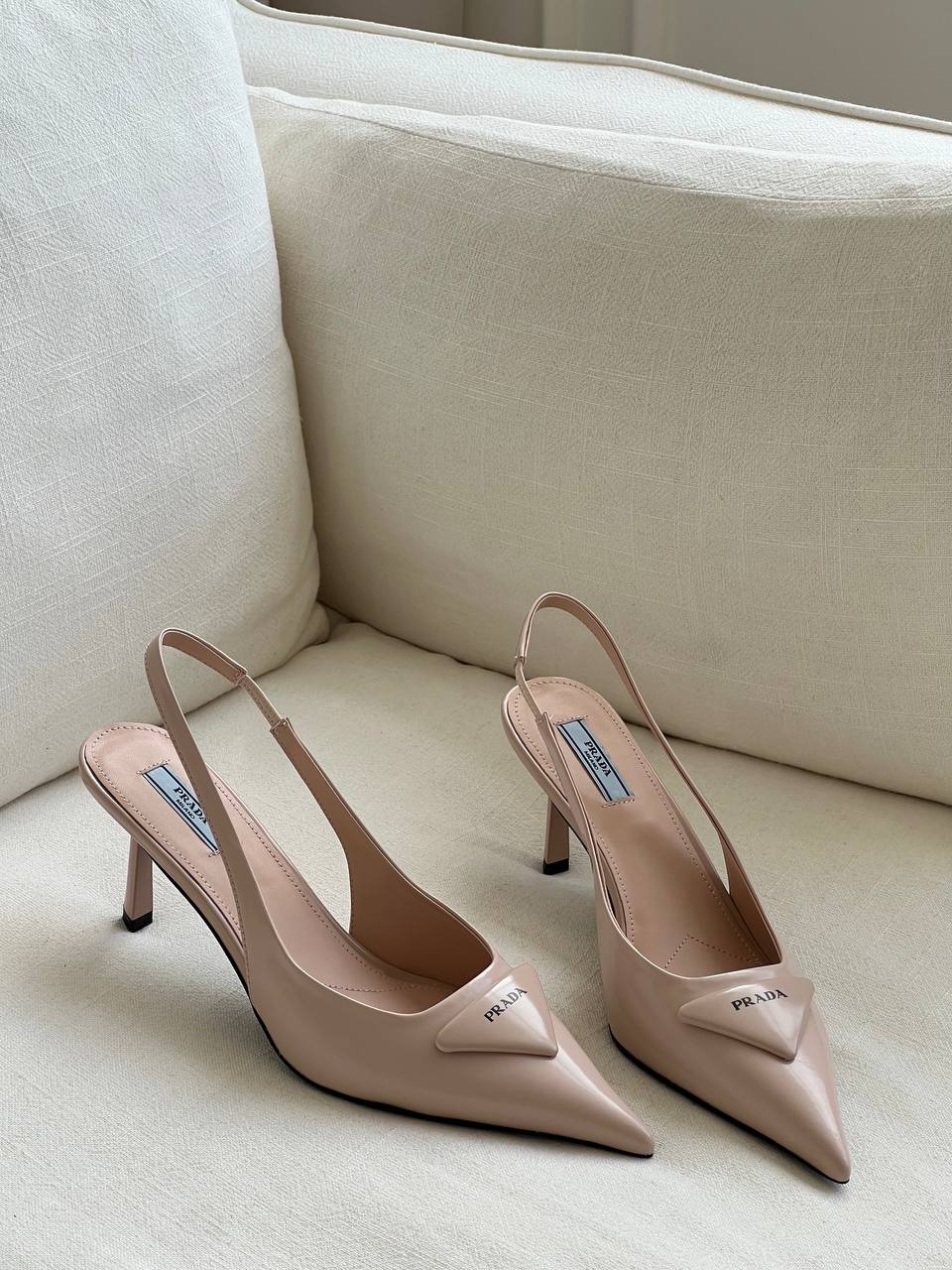 Prada Nude Patent Leather Pointed Toe Slingback Stiletto Heels
