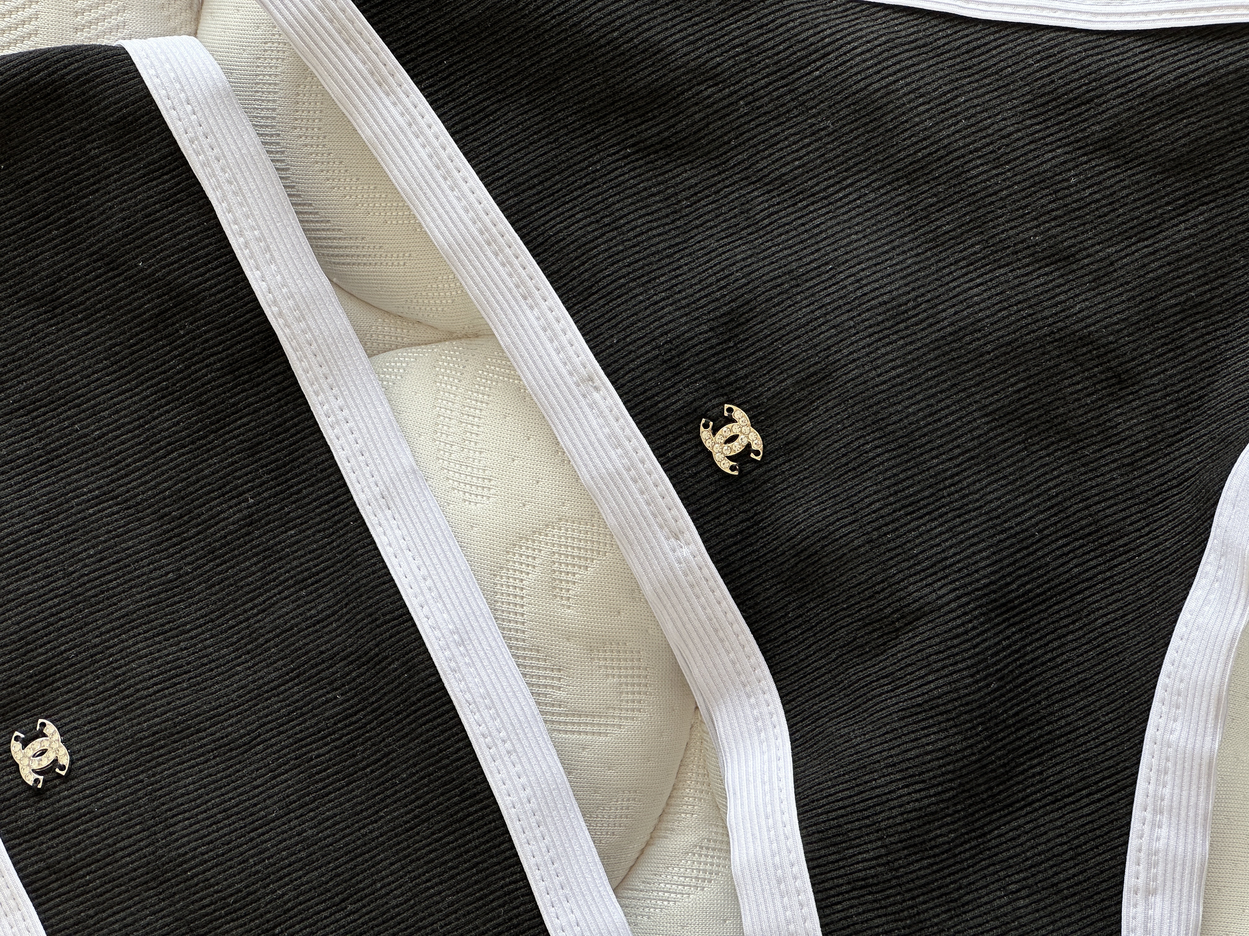 Chanel Black and White Two-Tone Ribbed Bikini Set with CC Logo