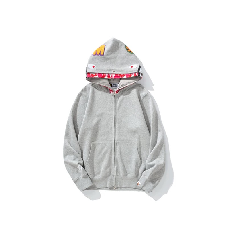 Grey color ape man head double zipper and hood with shark face embroidery hoodie
