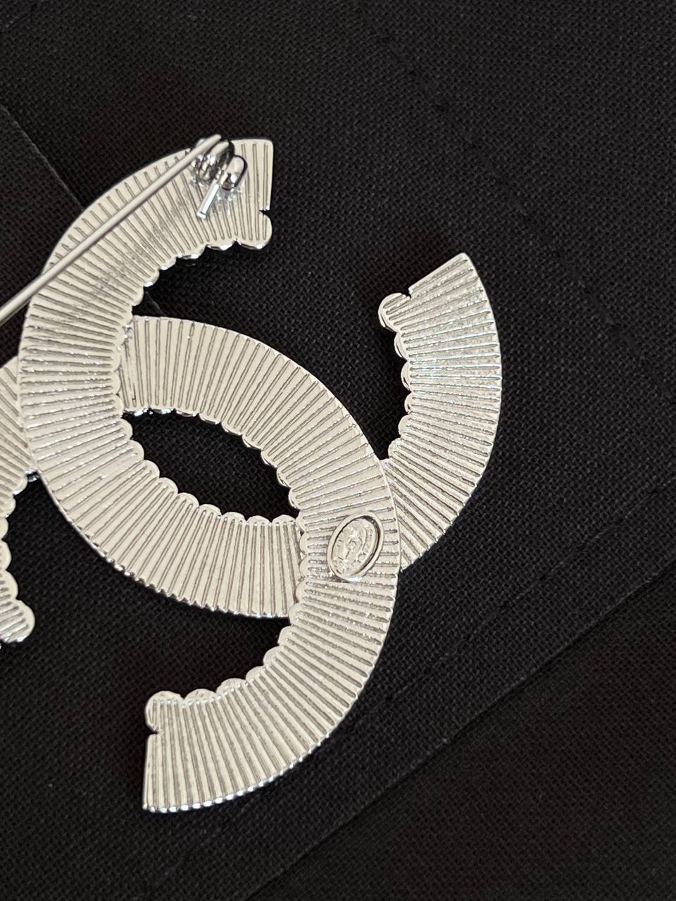 Chanel Silver Metal Baguette & Round Crystal Interlocking CC Brooch