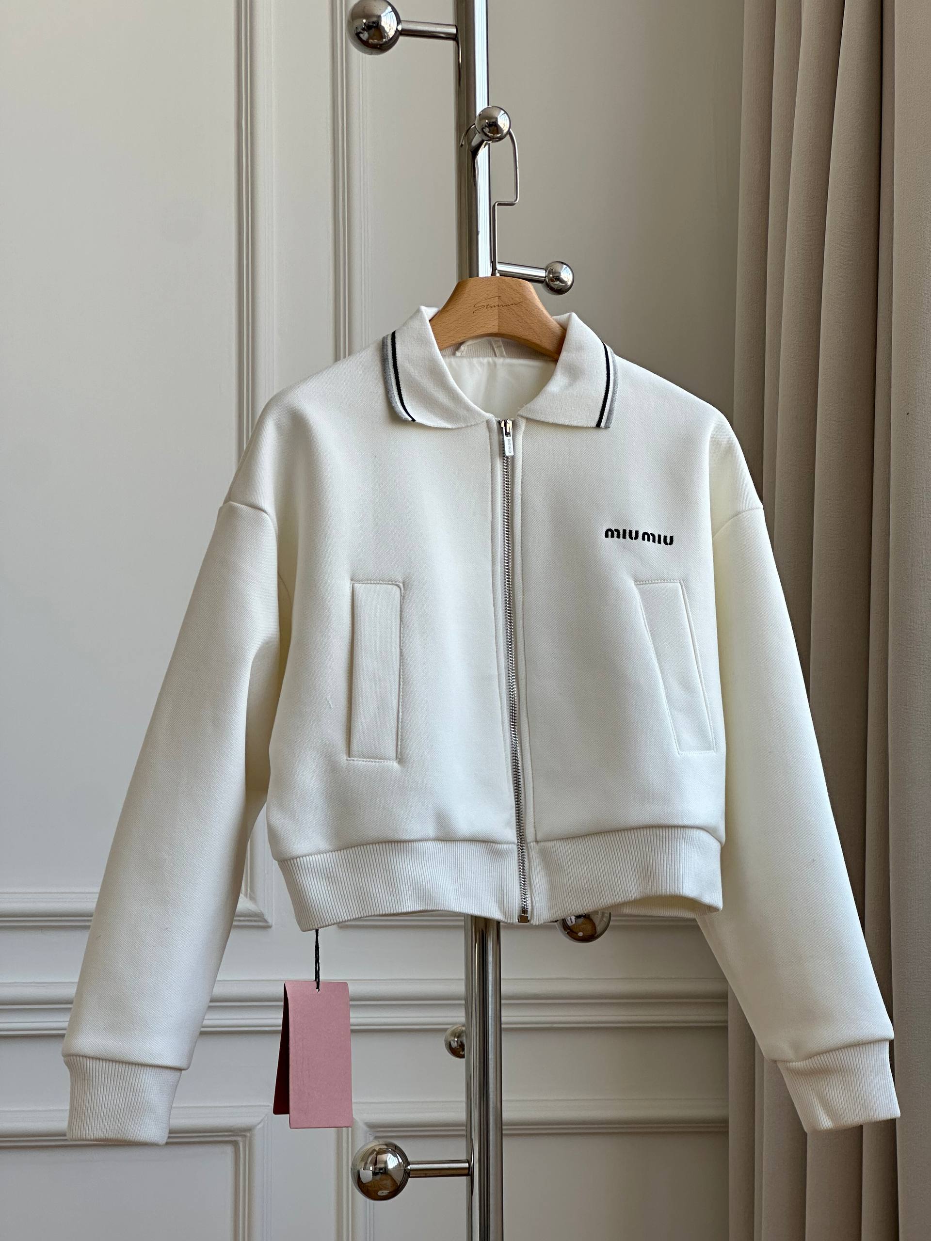 Miu Miu Cropped Piqué Bomber Jacket with Logo Embroidery