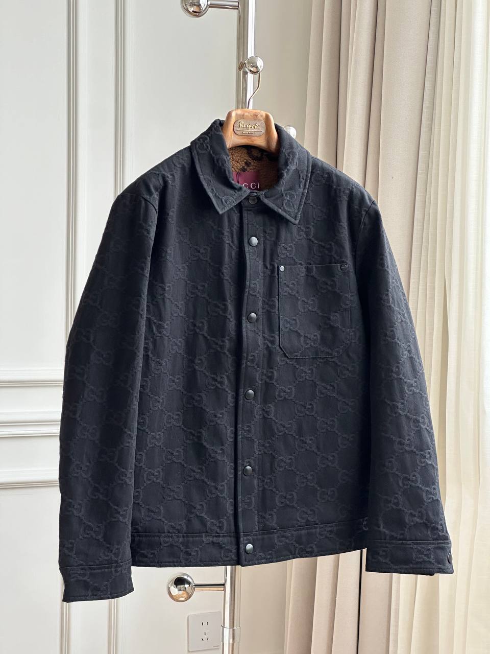 Gucci Black Allover Embossed GG Monogram Collared Button Work Jacket