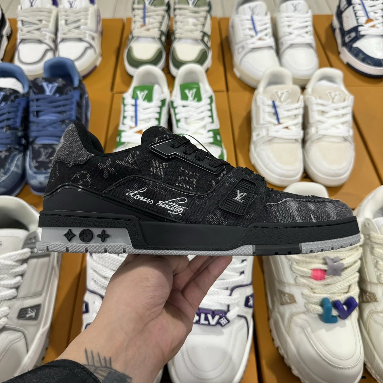 LV Trainer Full Print Logo Denim Black