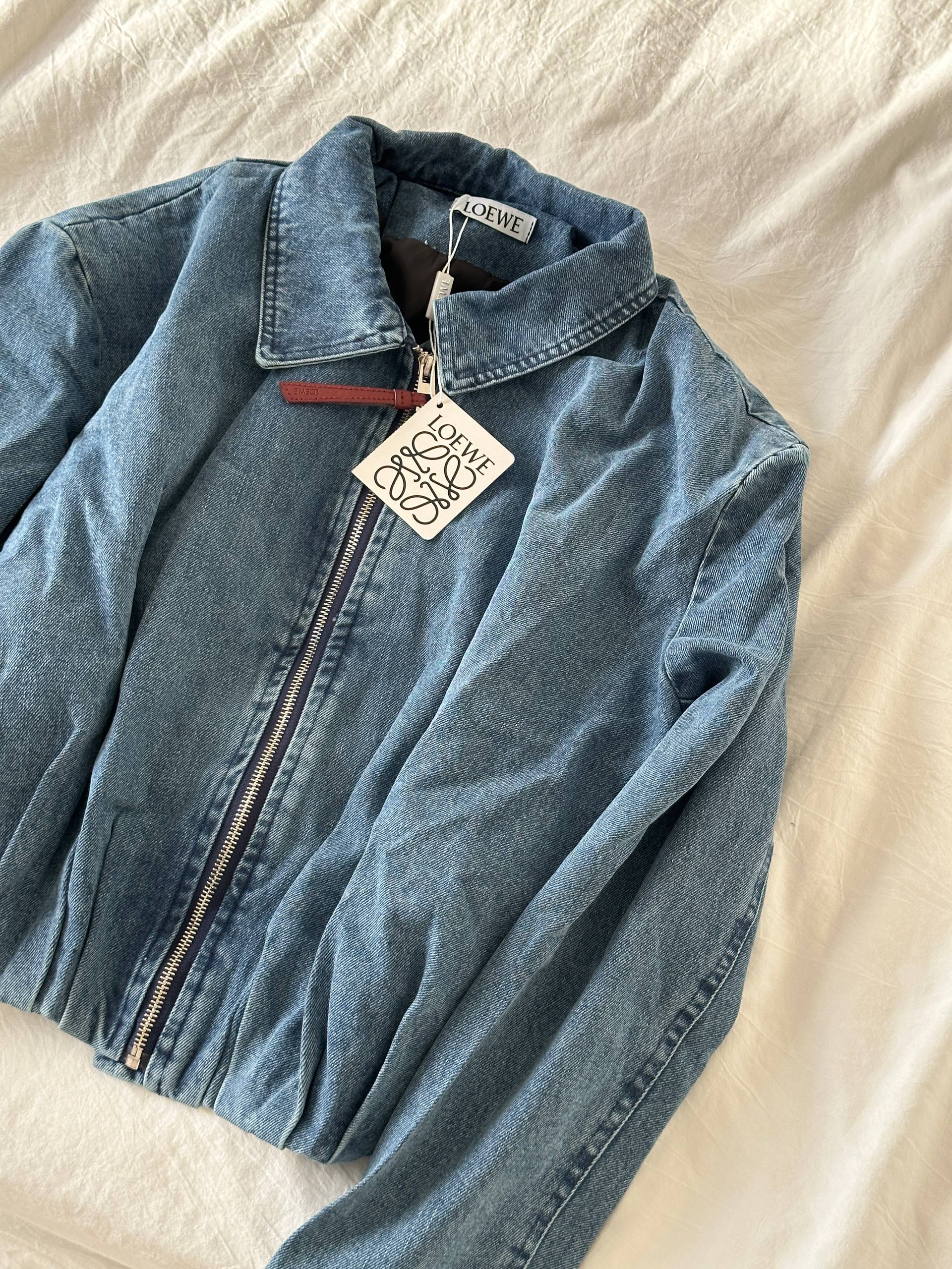 Loewe Washed Denim Gathered Waist Zip Bomber Jacket