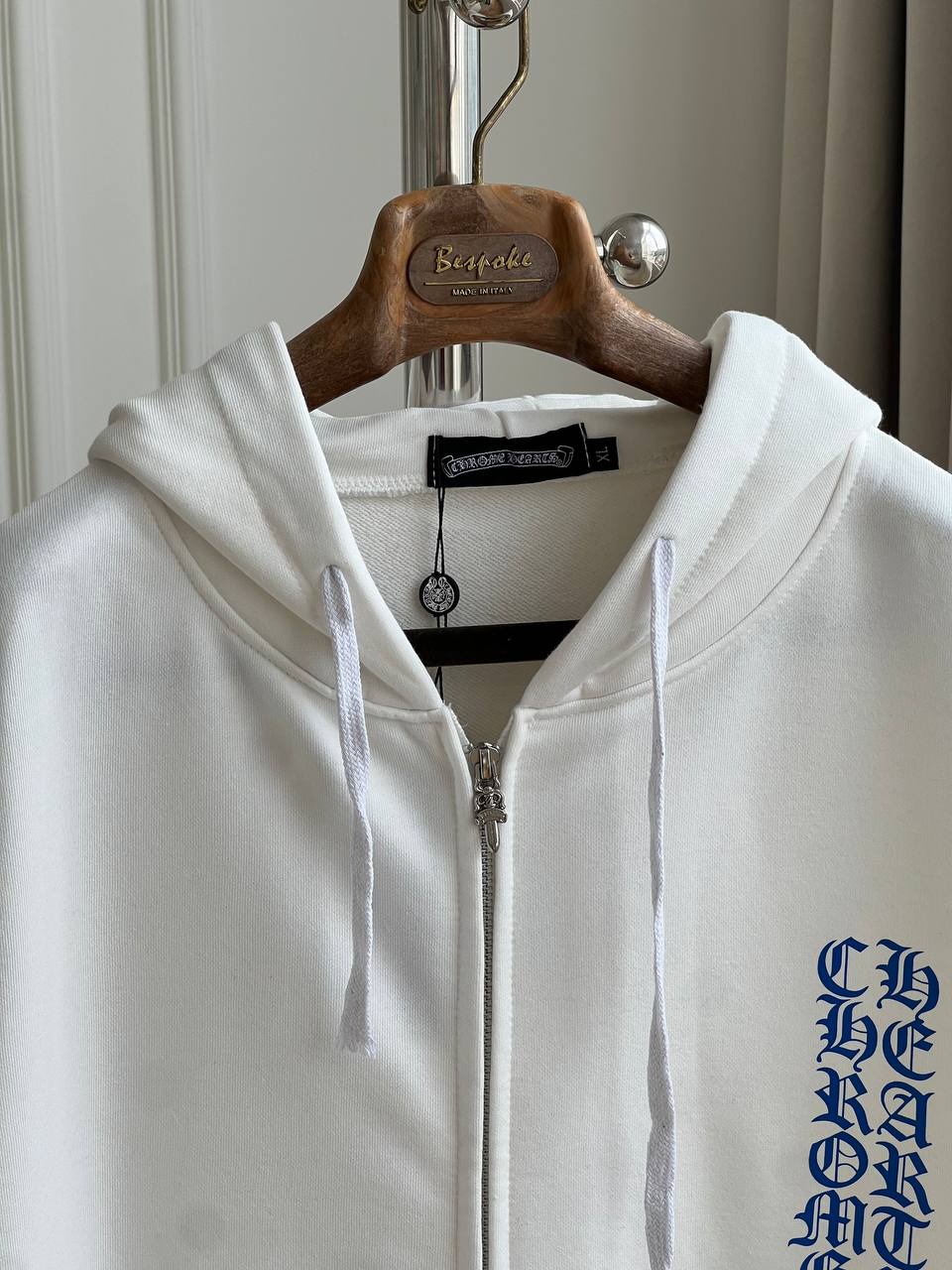 Chrome Hearts White Zip-Up Hooded Jacket With Blue Gothic Vertical Letter Print