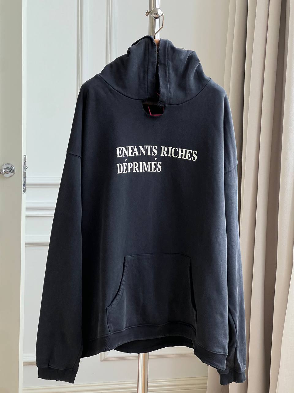 Enfants Riches Déprimés Washed Charcoal Vintage French Slogan Oversized Drop Shoulder Hoodie