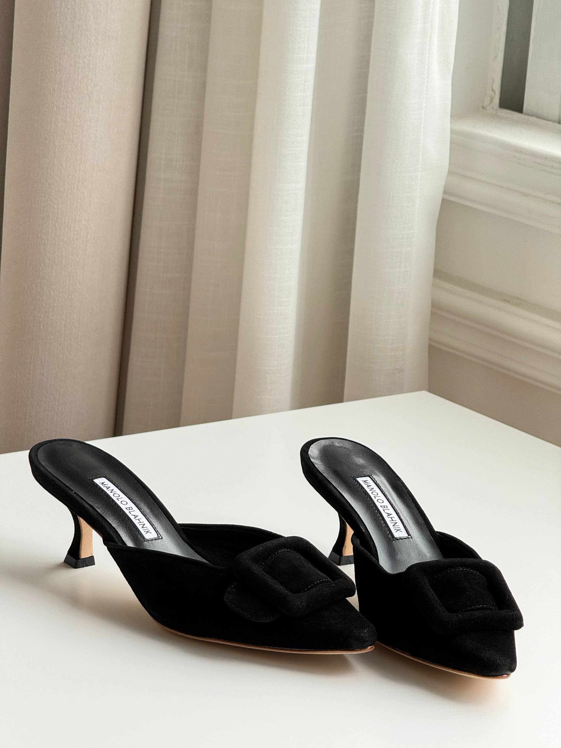 Manolo Blahnik Square Buckle Suede Pointed-Toe Stiletto Mules