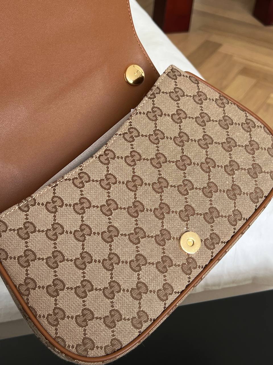 Gucci GG Monogram Canvas Brown Leather Trim Round G-logo Saddle Crossbody Bag