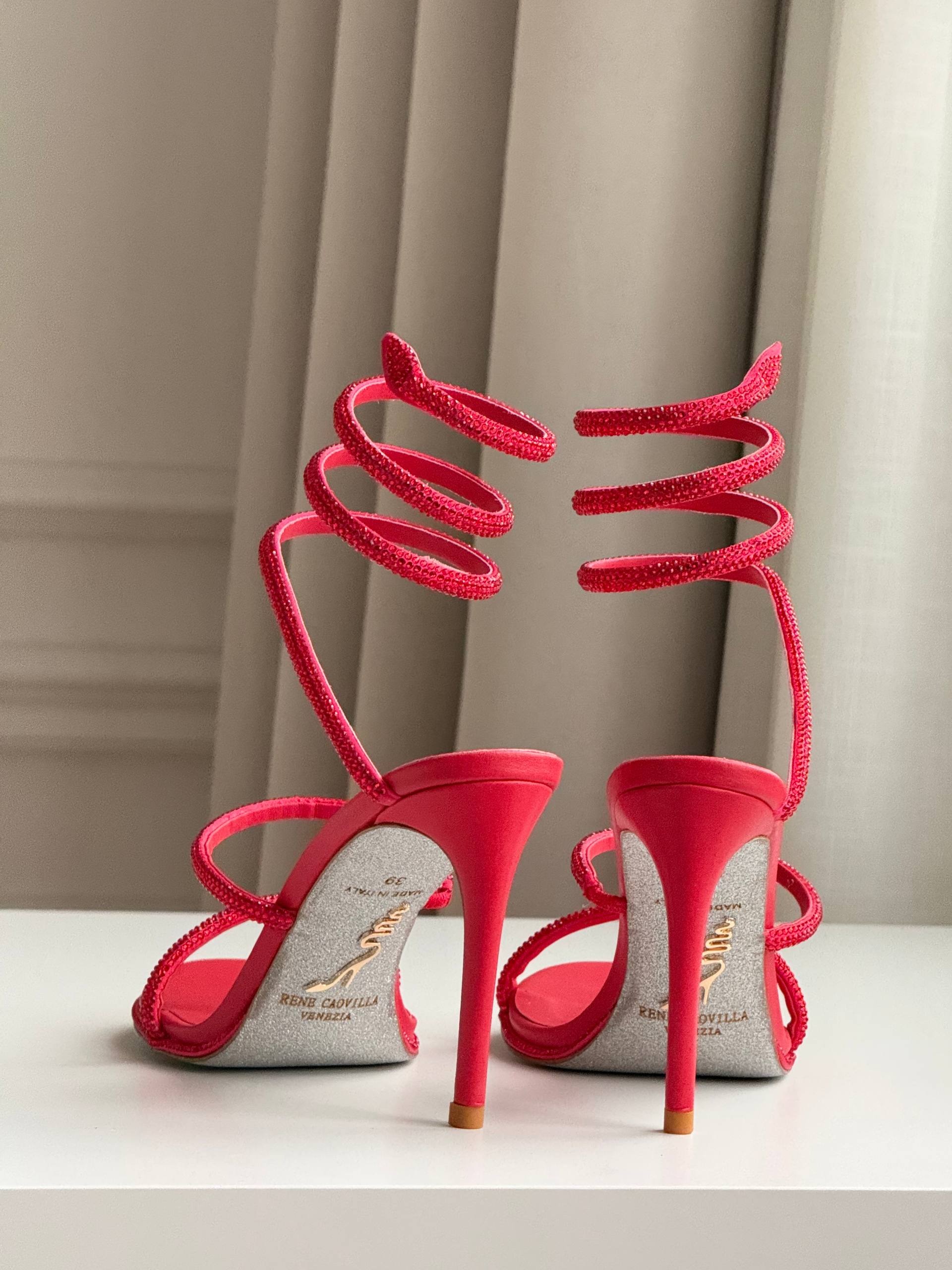 Bright Red Rhinestone Coiled Ankle Wrap Open Toe Stiletto Sandals